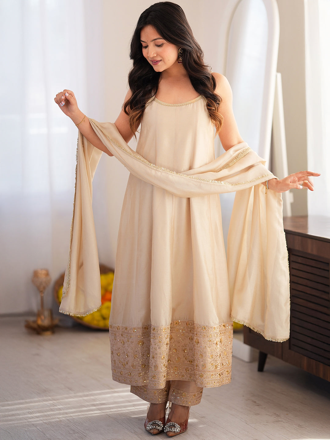 Janasya Women's Beige Silk Blend Floral Embroidered Anarkali Kurta Set