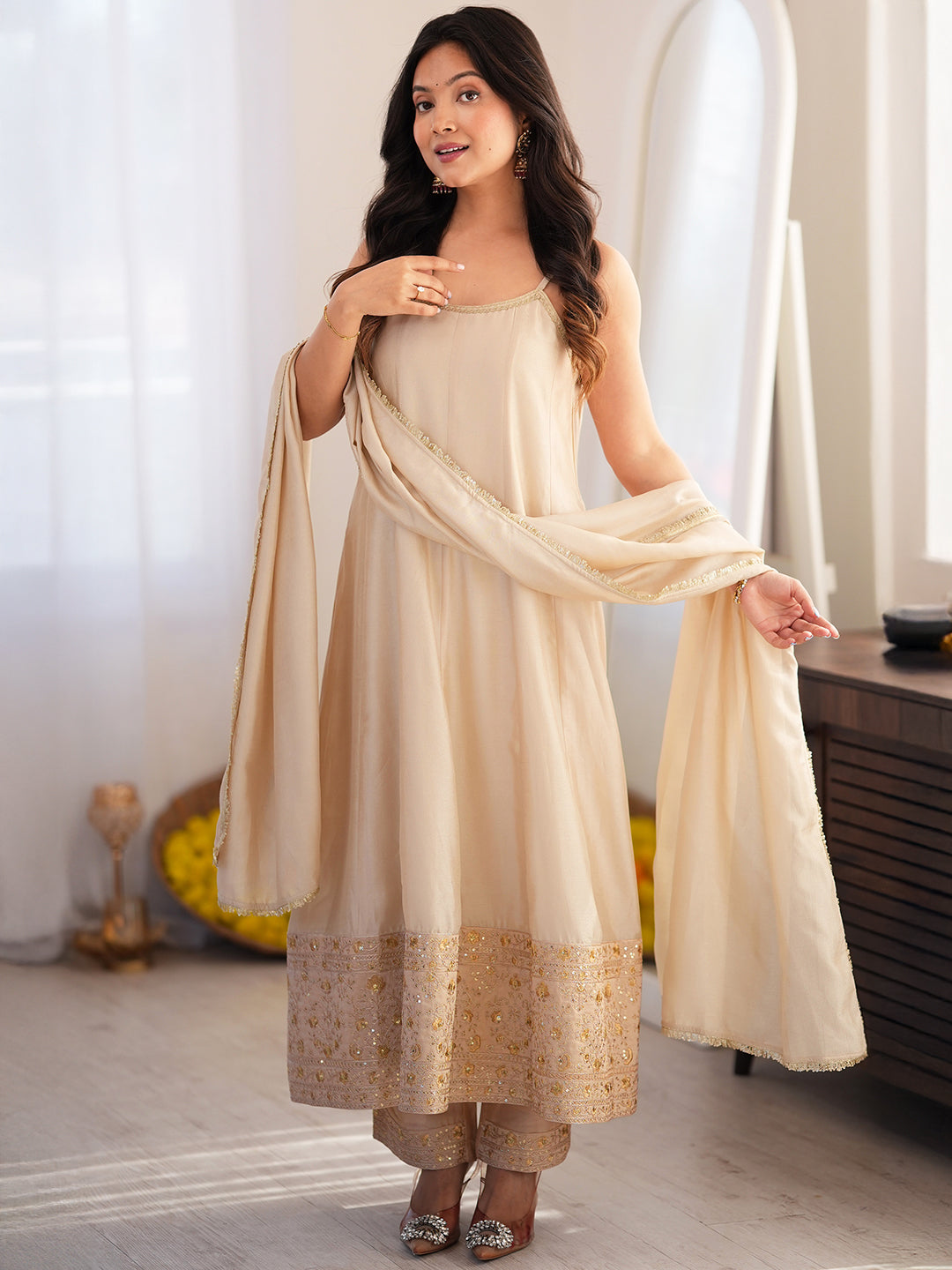Janasya Women's Beige Silk Blend Floral Embroidered Anarkali Kurta Set