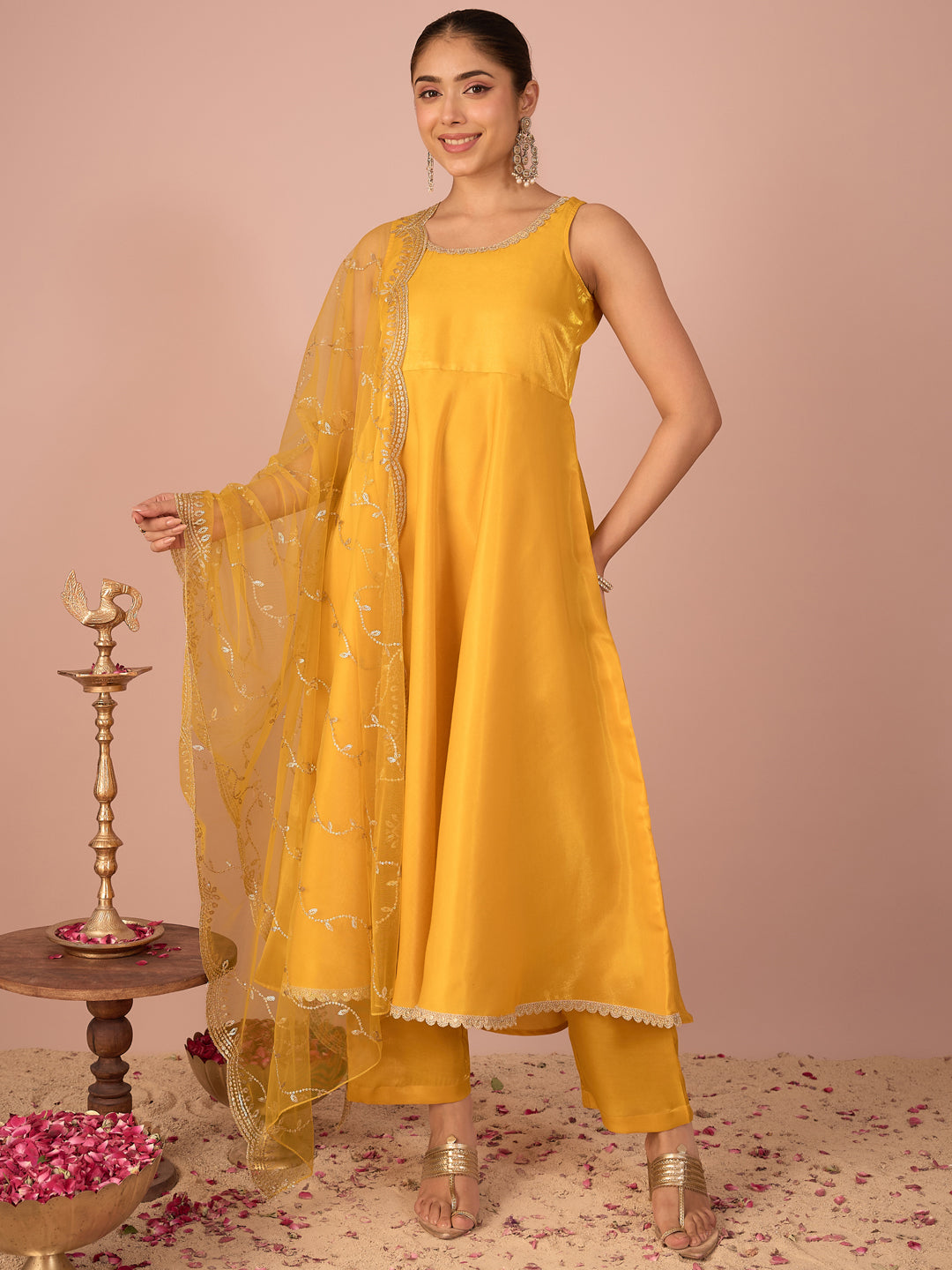 Janasya Women's Yellow Silk Blend Solid A-Line Kurta Set with Embroidered Dupatta