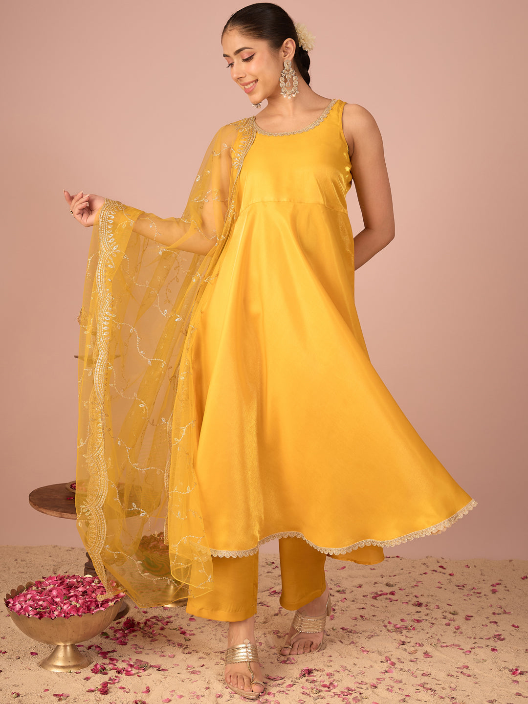 Janasya Women's Yellow Silk Blend Solid A-Line Kurta Set with Embroidered Dupatta