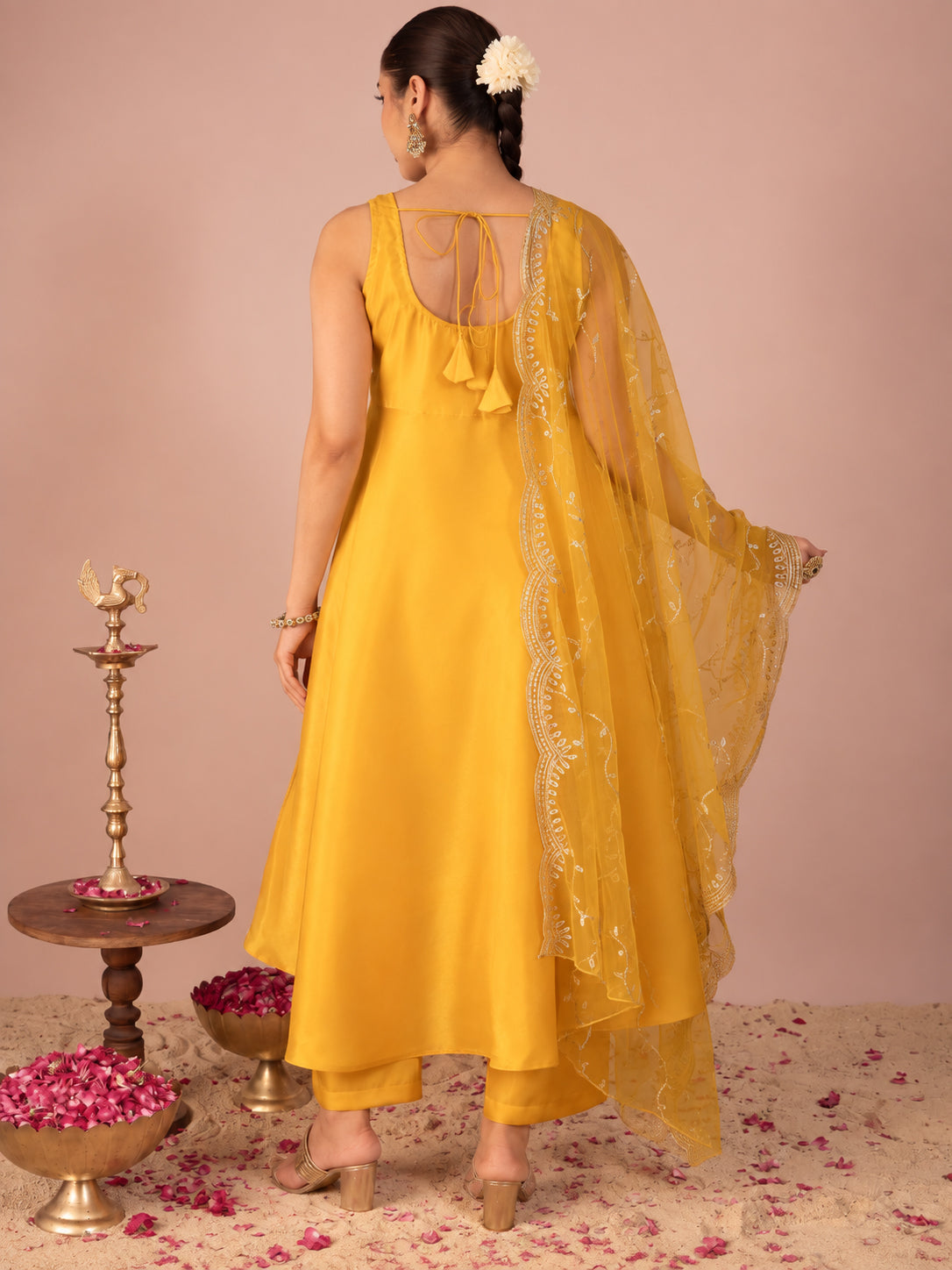 Janasya Women's Yellow Silk Blend Solid A-Line Kurta Set with Embroidered Dupatta