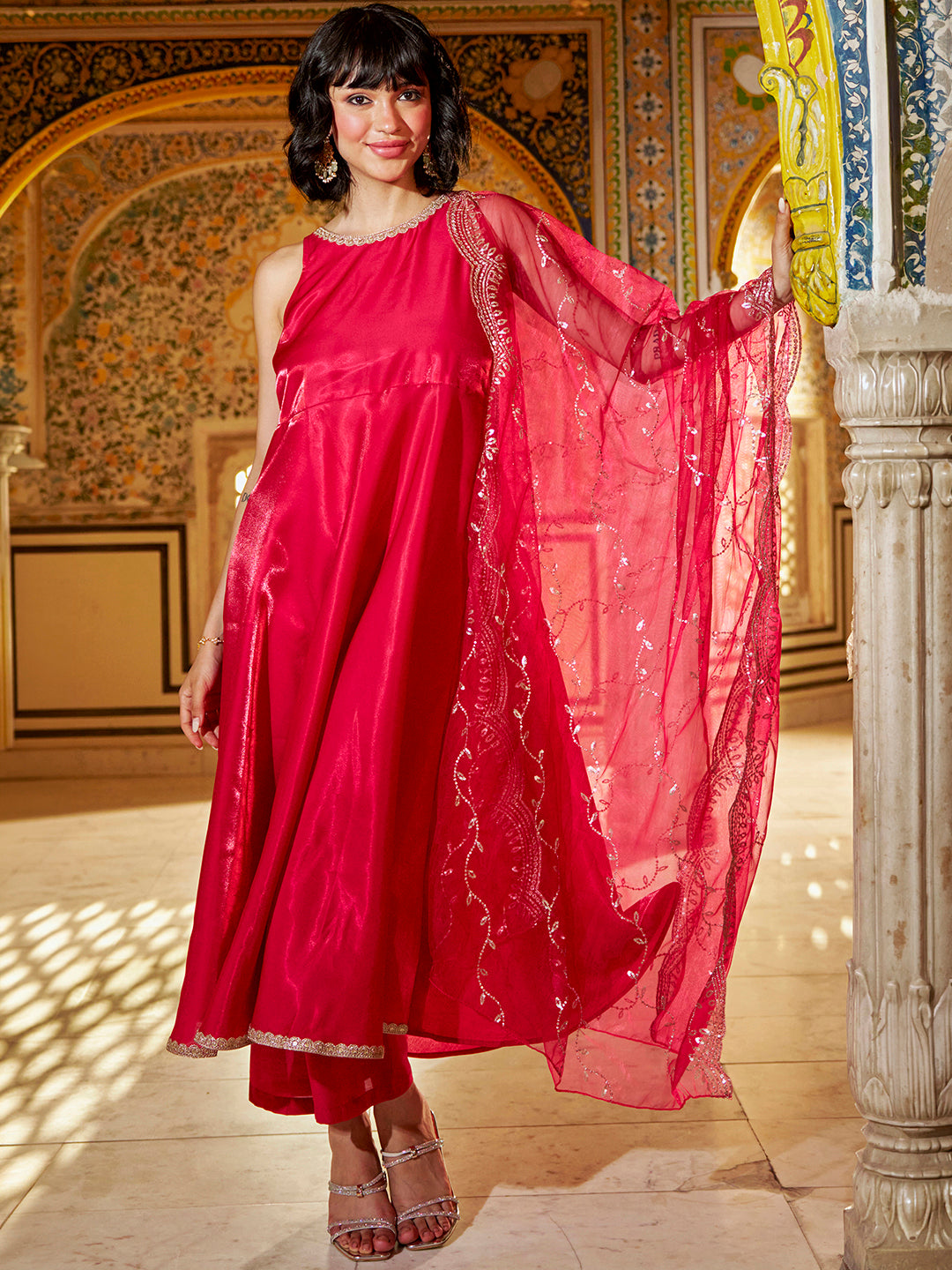 Janasya Women's Pink Silk Blend Embellished A-Line Kurta Set with Embroidered Dupatta