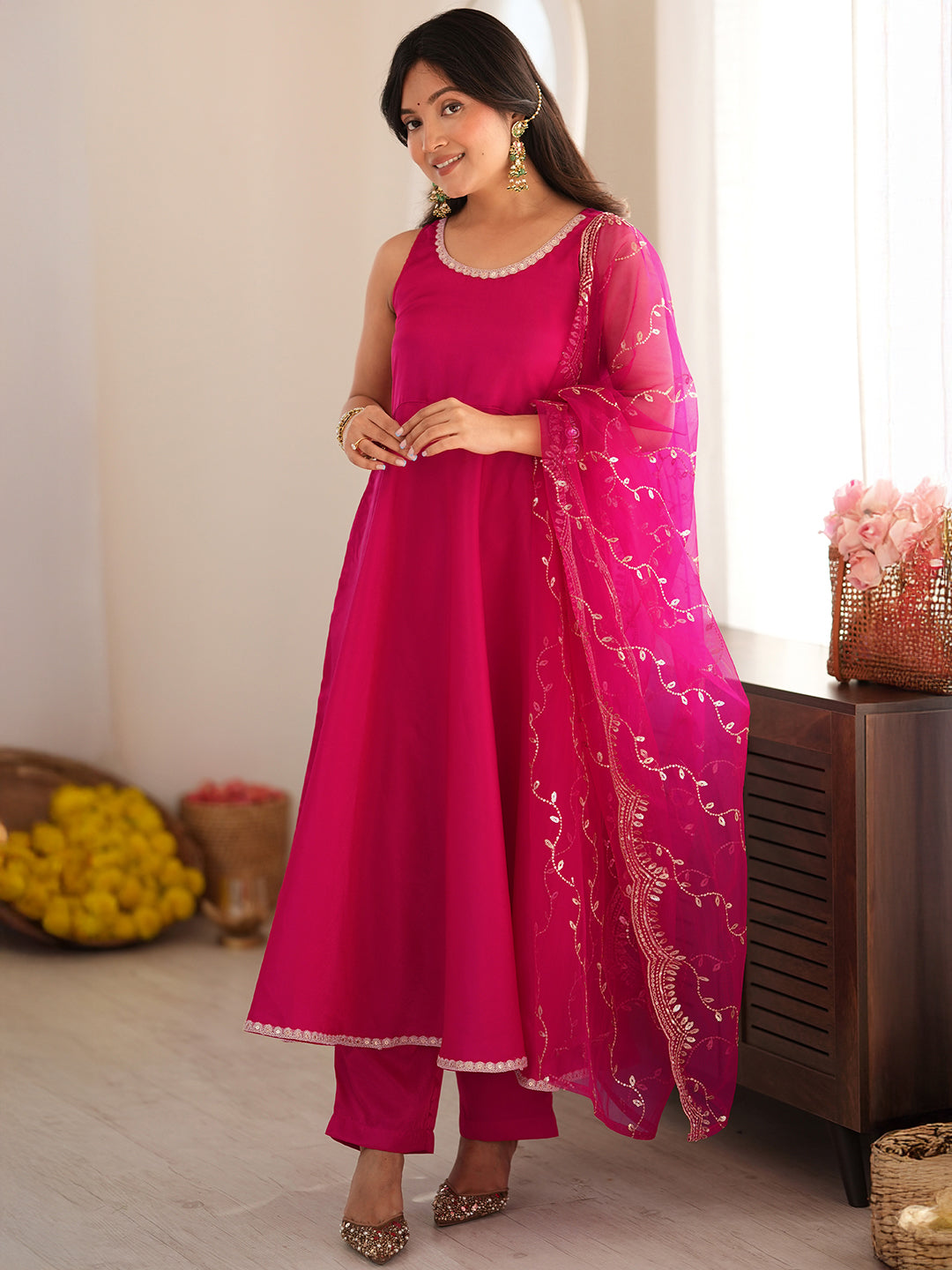 Janasya Women's Pink Silk Blend Embellished A-Line Kurta Set with Embroidered Dupatta