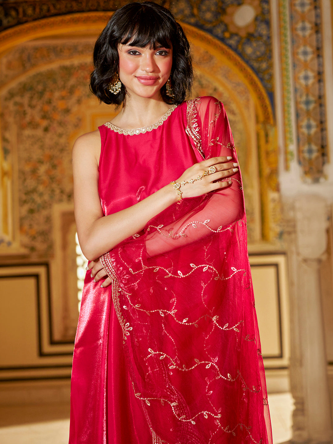 Janasya Women's Pink Silk Blend Embellished A-Line Kurta Set with Embroidered Dupatta