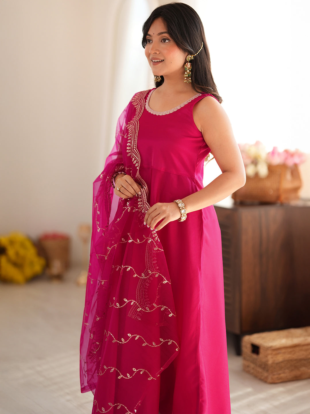Janasya Women's Pink Silk Blend Embellished A-Line Kurta Set with Embroidered Dupatta