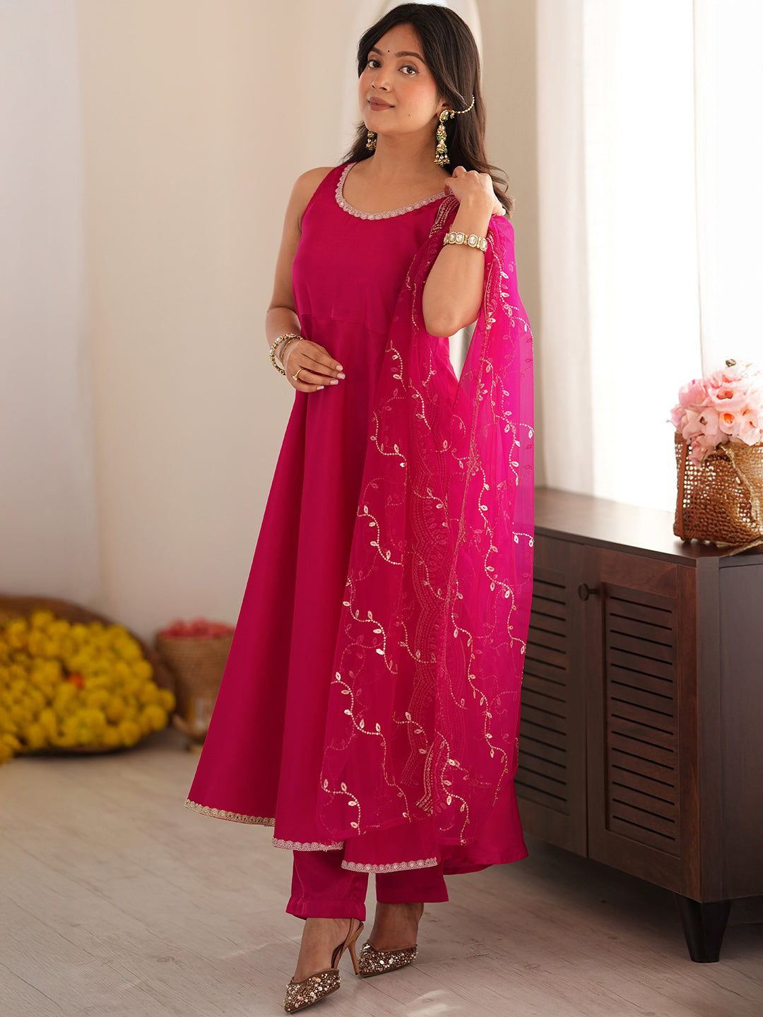 Janasya Women's Pink Silk Blend Embellished A-Line Kurta Set with Embroidered Dupatta