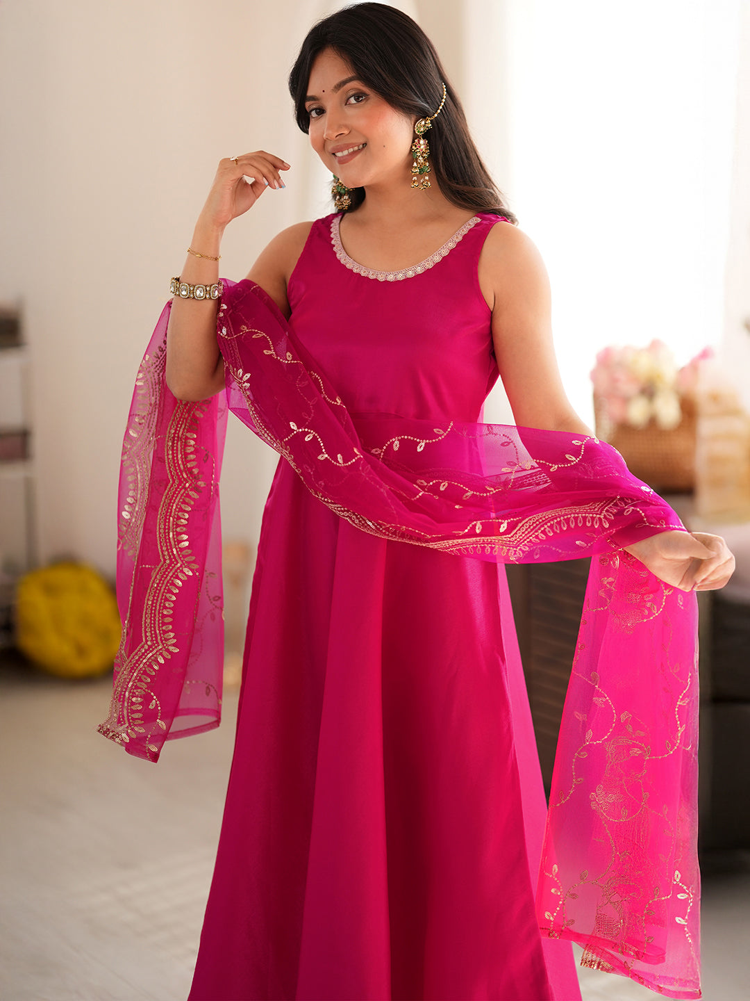 Janasya Women's Pink Silk Blend Embellished A-Line Kurta Set with Embroidered Dupatta