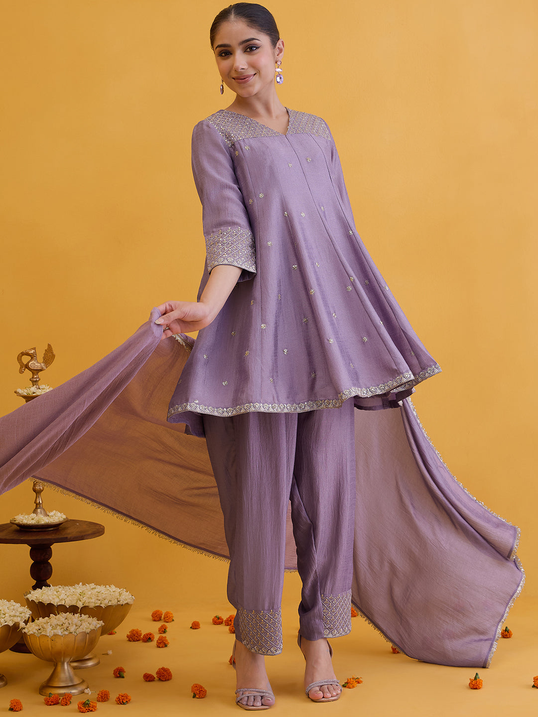 Janasya Women's Lavender Silk Blend Floral Zari Embroidered A-Line Kurta with Salwar and Dupatta Set