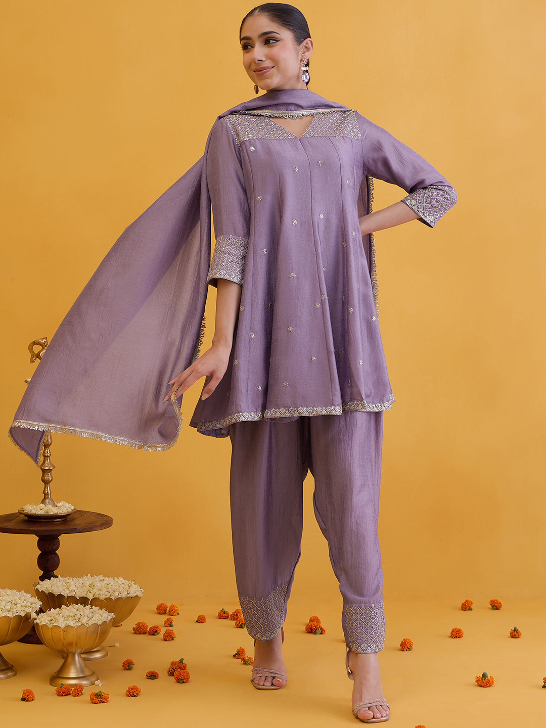 Janasya Women's Lavender Silk Blend Floral Zari Embroidered A-Line Kurta with Salwar and Dupatta Set