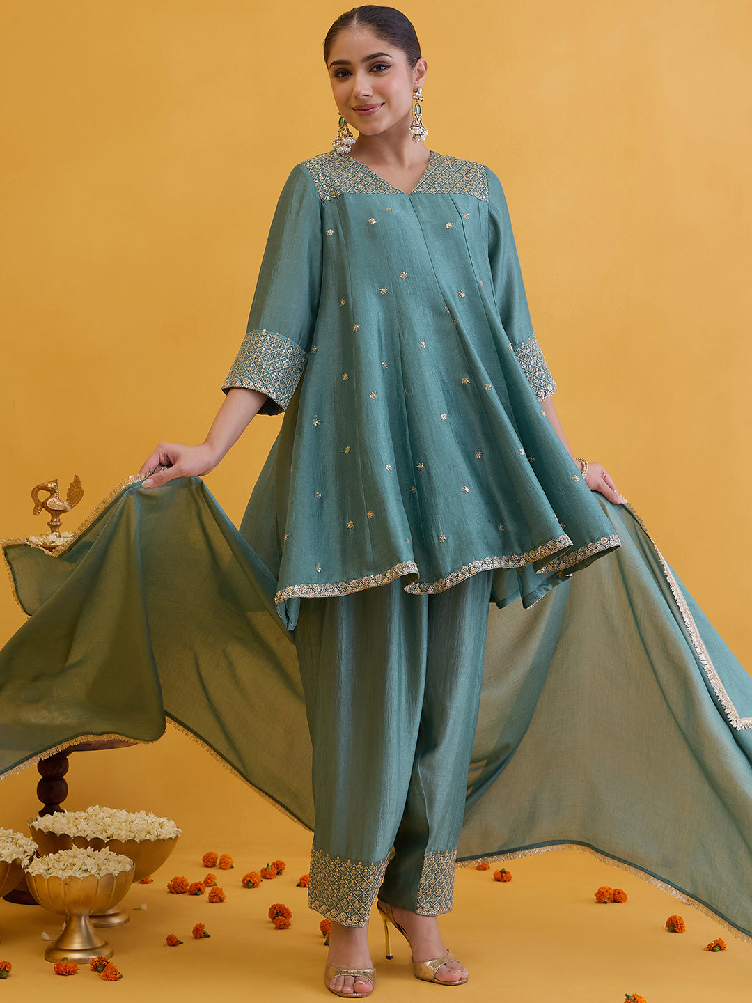 Janasya Women's Sea Green Silk Blend Embroidered A-Line Kurta Set