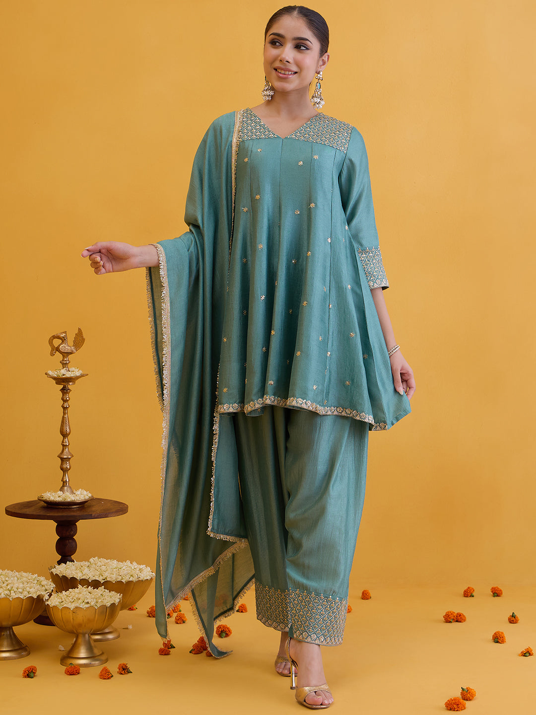 Janasya Women's Sea Green Silk Blend Embroidered A-Line Kurta Set