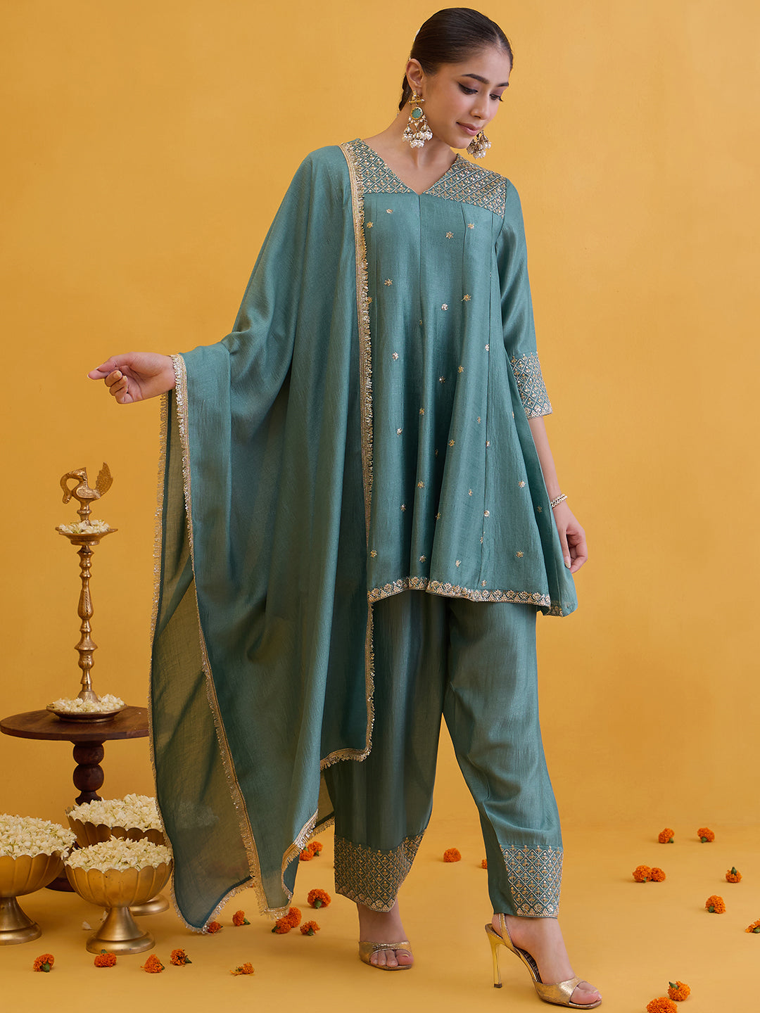 Janasya Women's Sea Green Silk Blend Embroidered A-Line Kurta Set