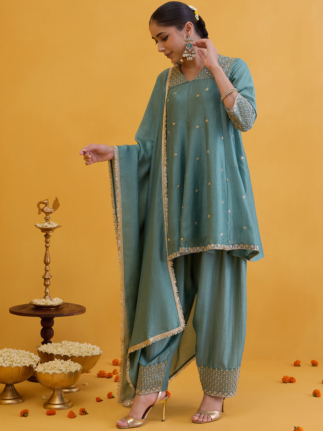 Janasya Women's Sea Green Silk Blend Embroidered A-Line Kurta Set