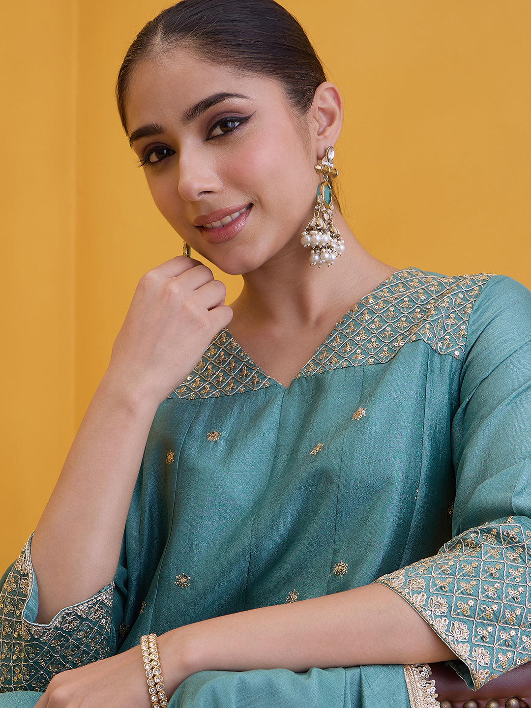 Janasya Women's Sea Green Silk Blend Embroidered A-Line Kurta Set