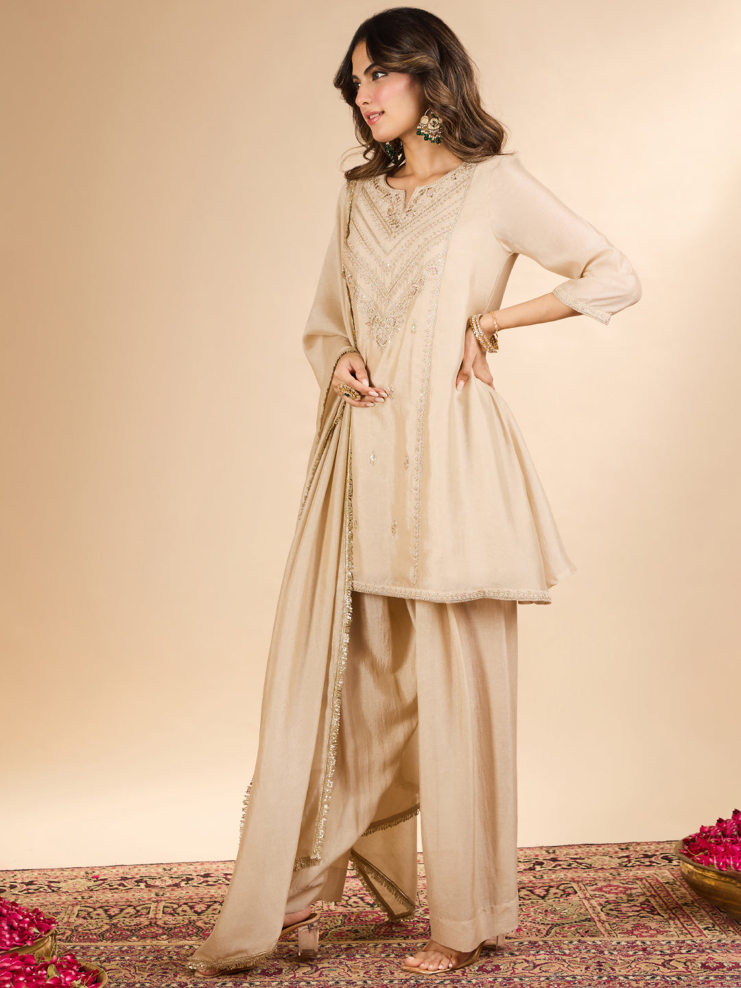 Janasya Women's Off White Silk Blend Floral Zari Embroidered A-Line Farshi Salwar Set