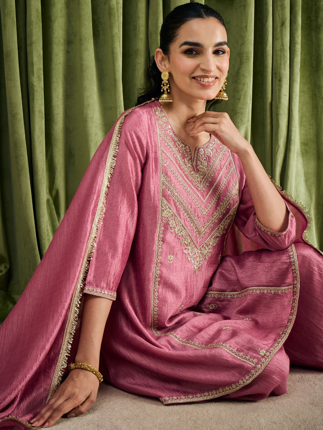Janasya Women's Metallic Pink Silk Blend Zari Floral Embroidered A-Line Kurta with Salwar and Dupatta Set