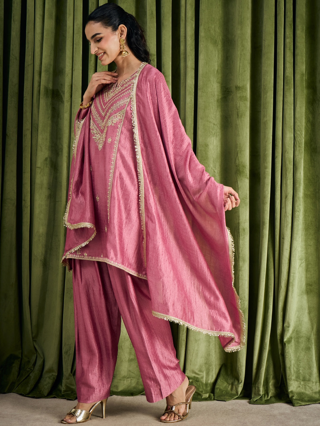 Janasya Women's Metallic Pink Silk Blend Zari Floral Embroidered A-Line Kurta with Salwar and Dupatta Set