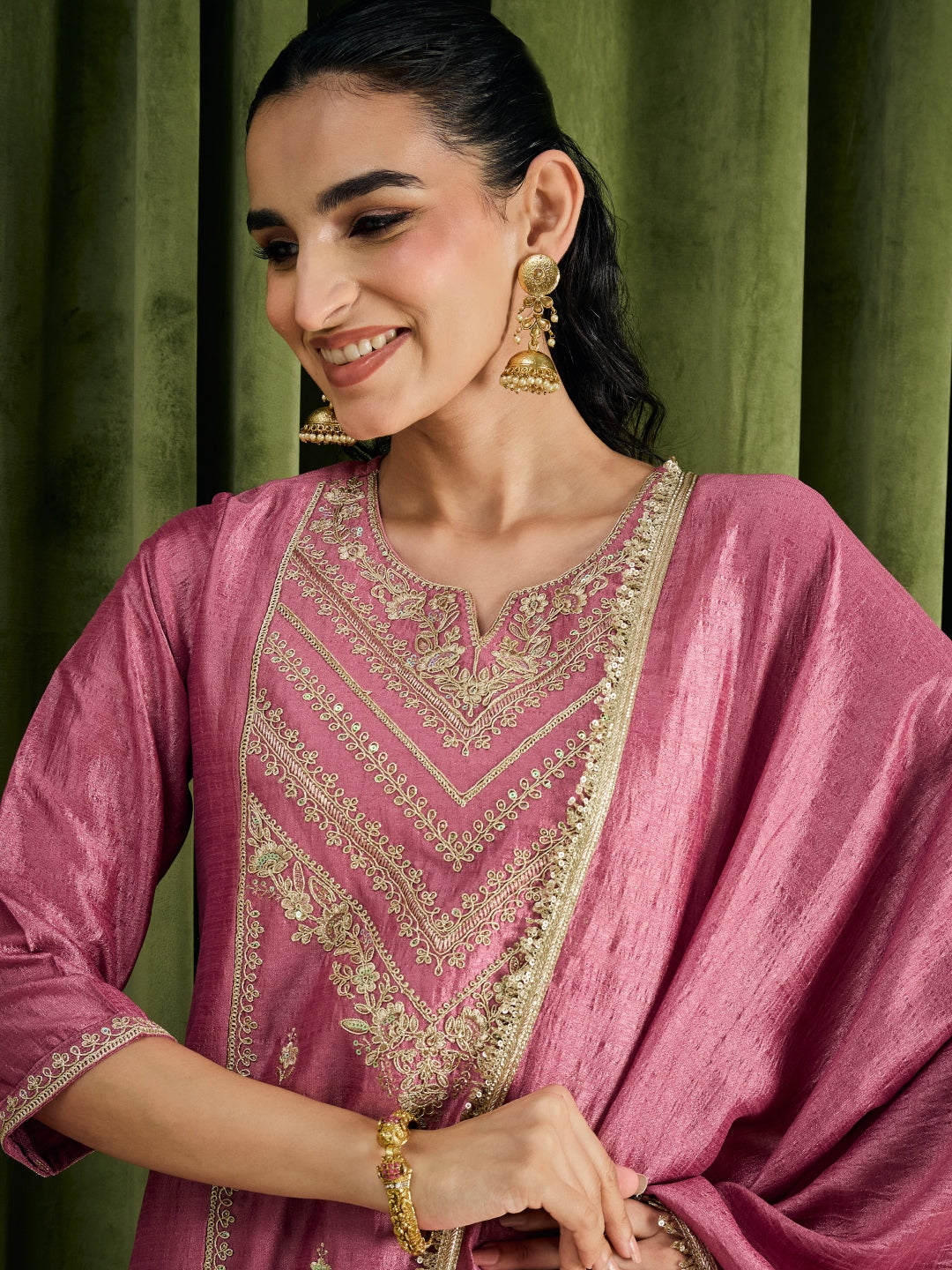 Janasya Women's Metallic Pink Silk Blend Zari Floral Embroidered A-Line Kurta with Salwar and Dupatta Set