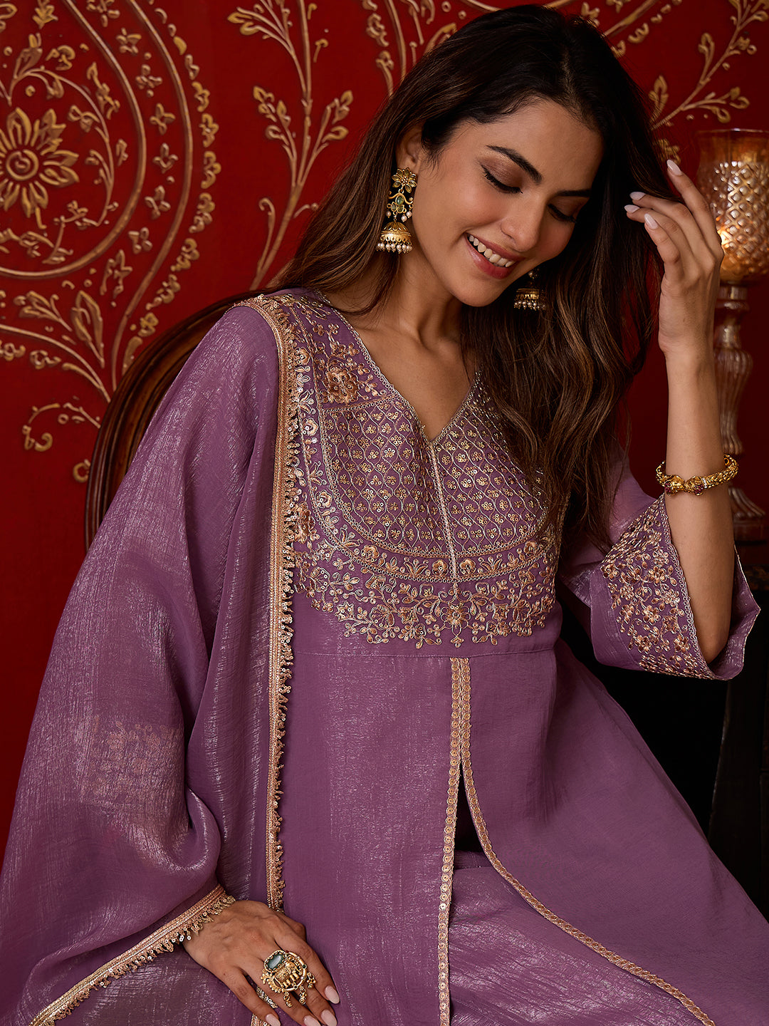 Janasya Women's Lavender Silk Blend Floral Embroidered A-Line Front Slit Kurta Set