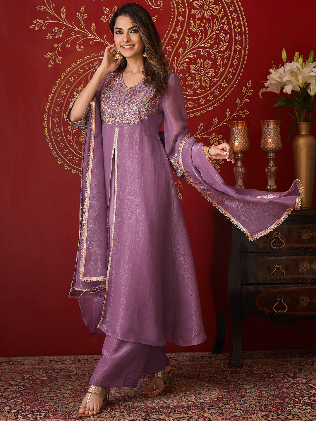 Janasya Women's Lavender Silk Blend Floral Embroidered A-Line Front Slit Kurta Set