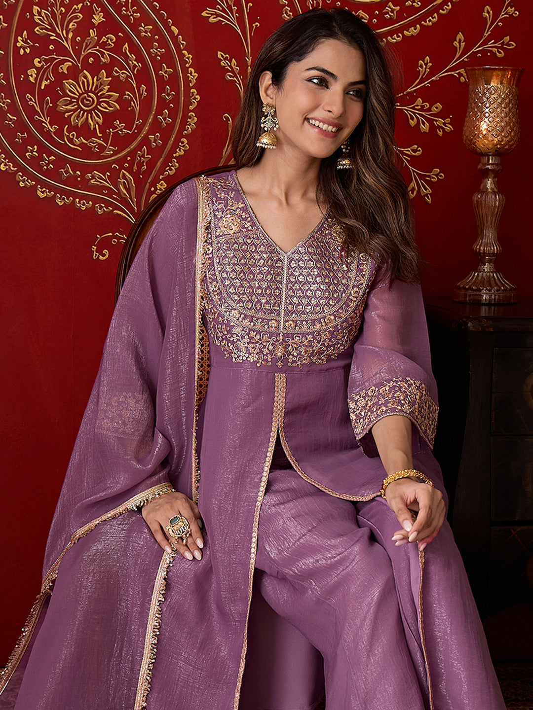 Janasya Women's Lavender Silk Blend Floral Embroidered A-Line Front Slit Kurta Set