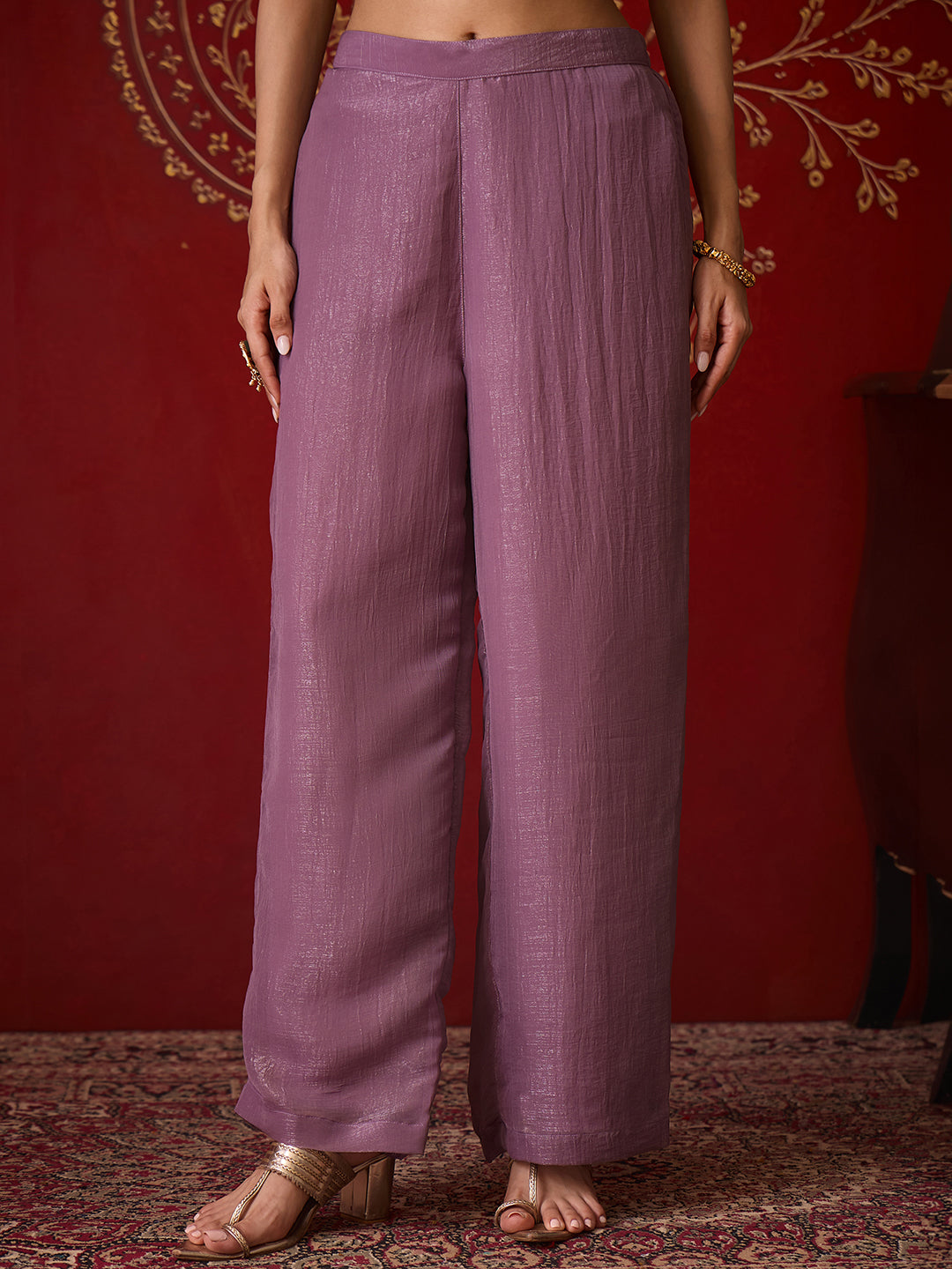 Janasya Women's Lavender Silk Blend Floral Embroidered A-Line Front Slit Kurta Set