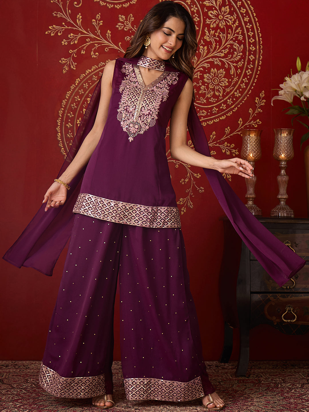 Janasya Women's Wine Georgette Floral Sequins Embroidered A-Line Kurta with Palazzo And Choker Dupatta Set