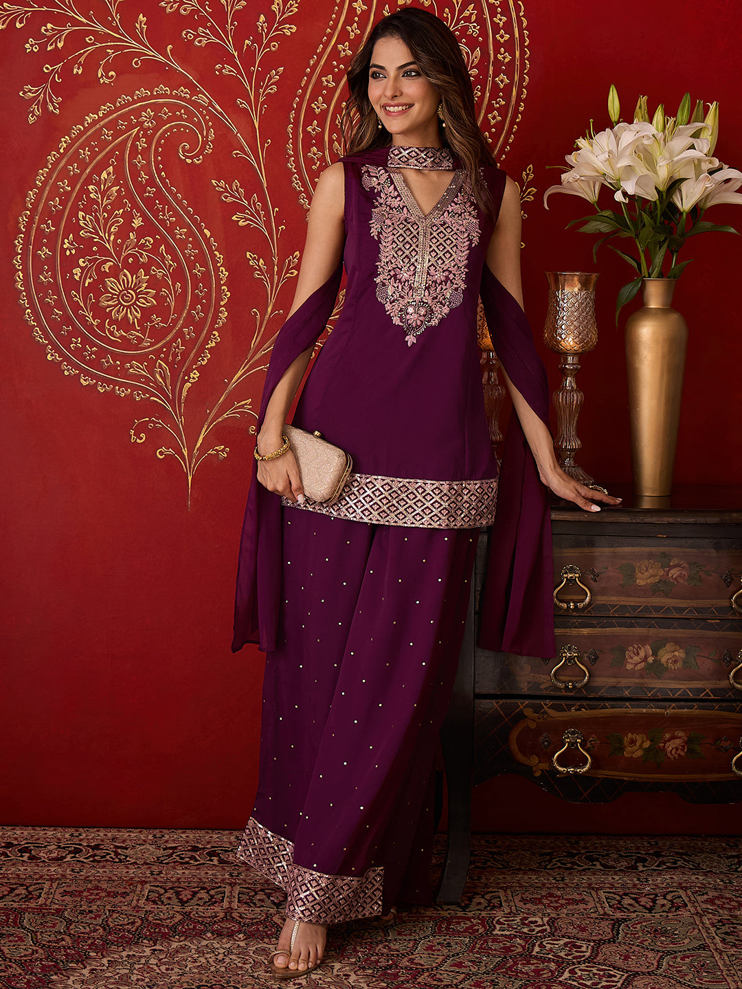 Janasya Women's Wine Georgette Floral Sequins Embroidered A-Line Kurta with Palazzo And Choker Dupatta Set