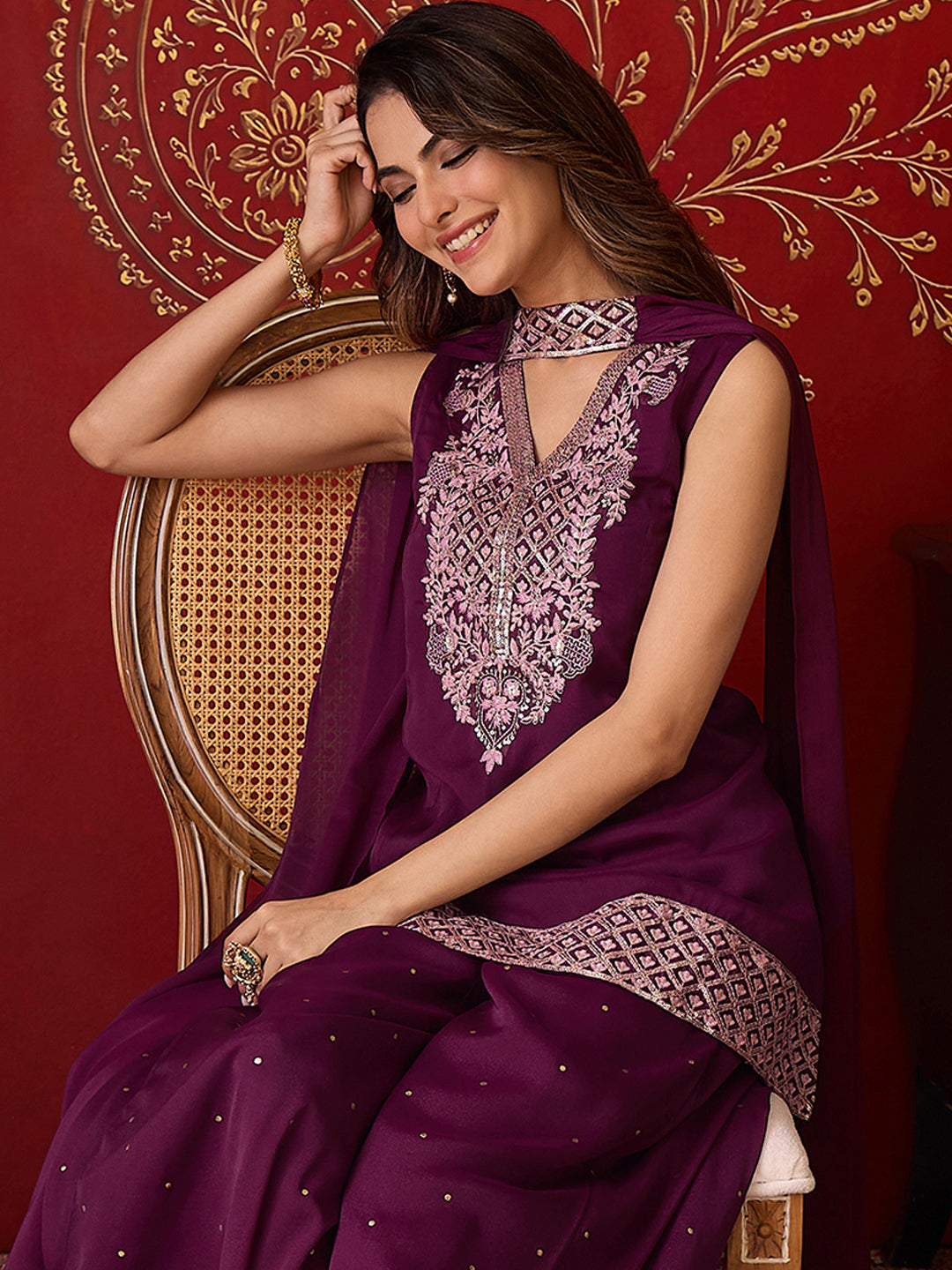Janasya Women's Wine Georgette Floral Sequins Embroidered A-Line Kurta with Palazzo And Choker Dupatta Set