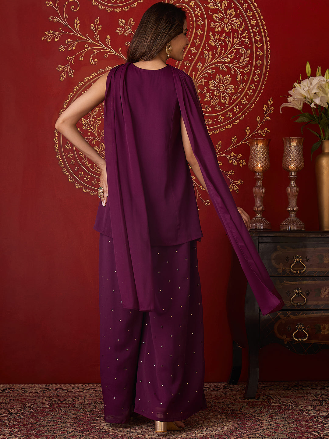 Janasya Women's Wine Georgette Floral Sequins Embroidered A-Line Kurta with Palazzo And Choker Dupatta Set