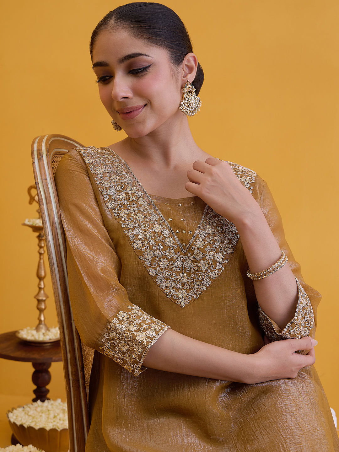 Janasya Women's Mustard Silk Blend Yoke Embroidered A-Line Kurta Pant with Inner Set