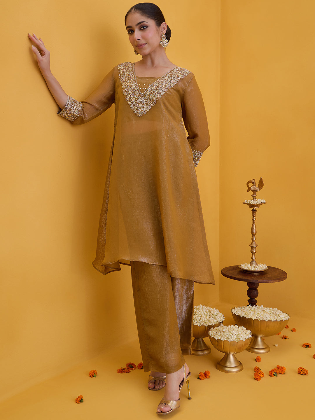 Janasya Women's Mustard Silk Blend Yoke Embroidered A-Line Kurta Pant with Inner Set
