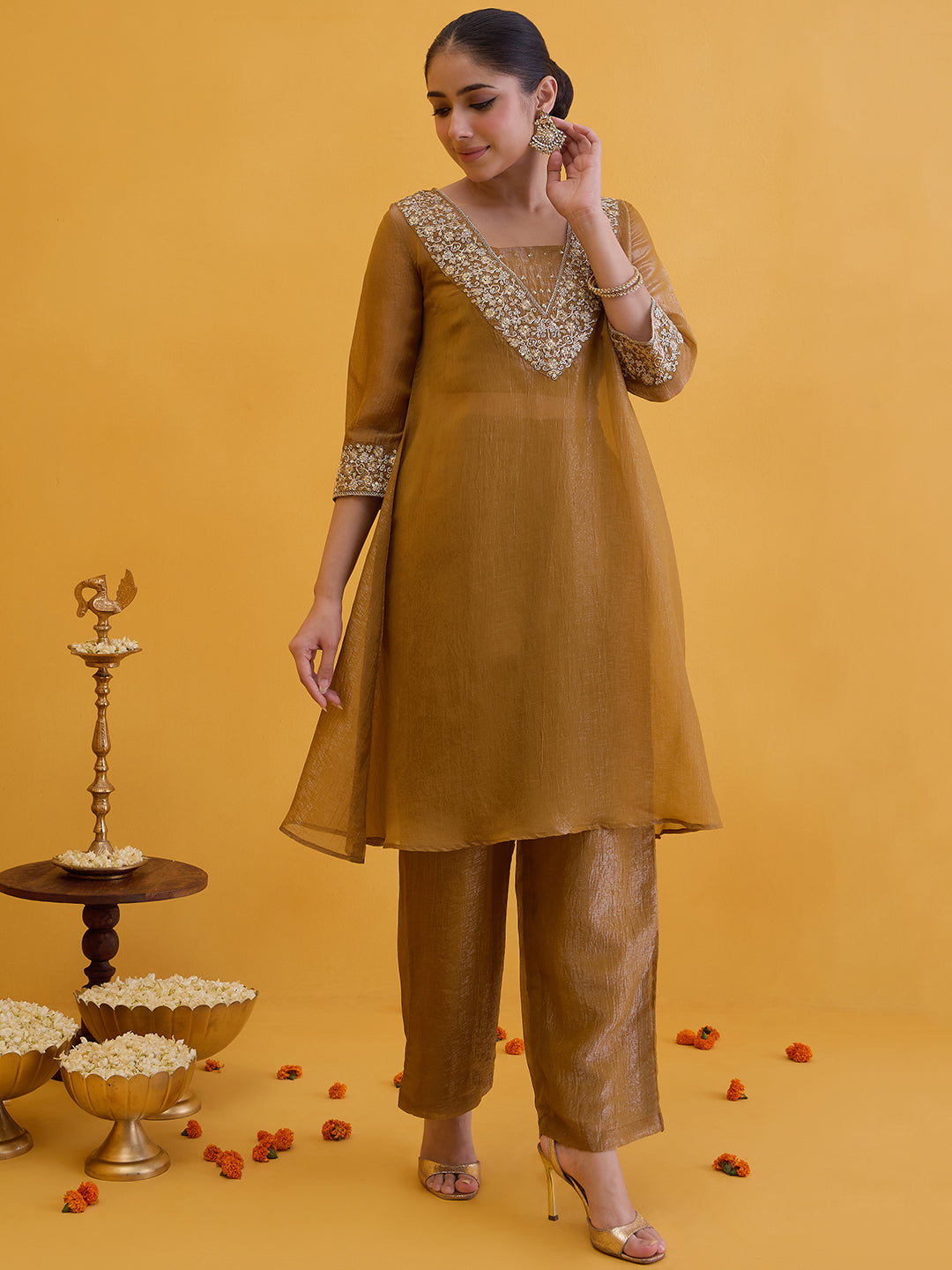 Janasya Women's Mustard Silk Blend Yoke Embroidered A-Line Kurta Pant with Inner Set