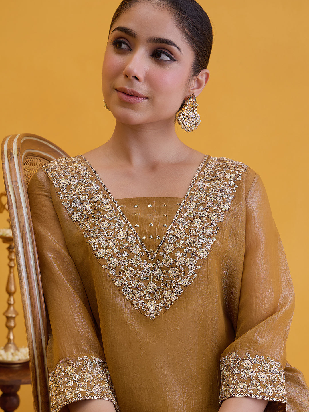 Janasya Women's Mustard Silk Blend Yoke Embroidered A-Line Kurta Pant with Inner Set