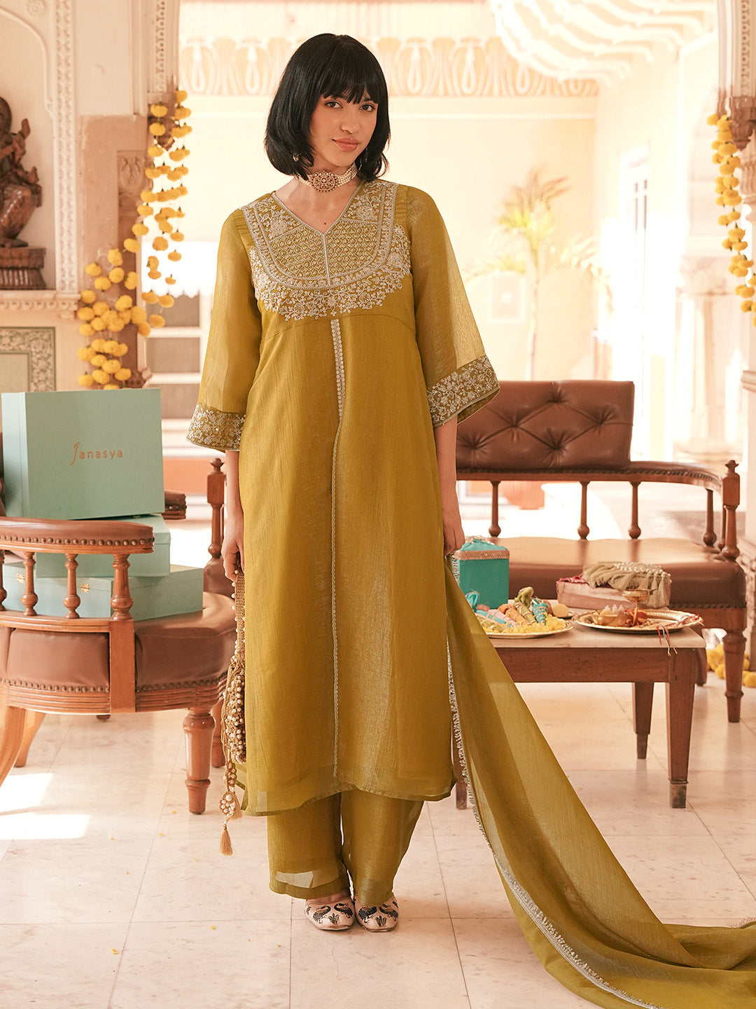 Janasya Women’s Olive Mustard Silk Blend Floral Embroidered A-Line Front-Open Kurta Set