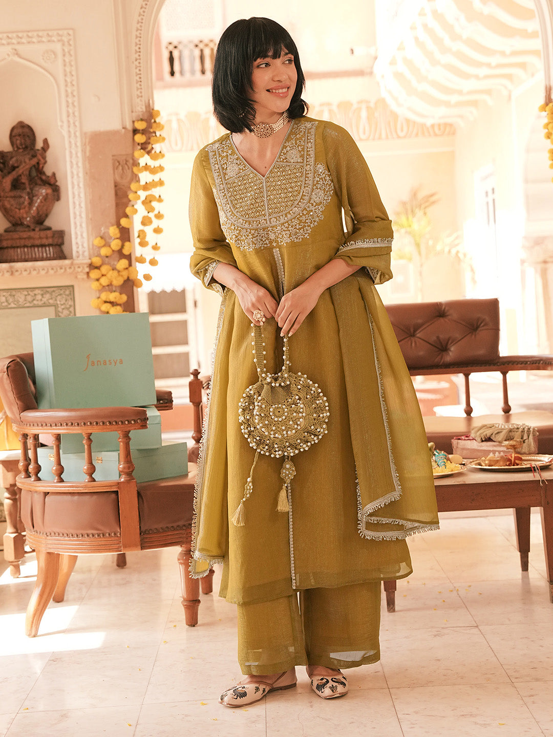 Janasya Women’s Olive Mustard Silk Blend Floral Embroidered A-Line Front-Open Kurta Set