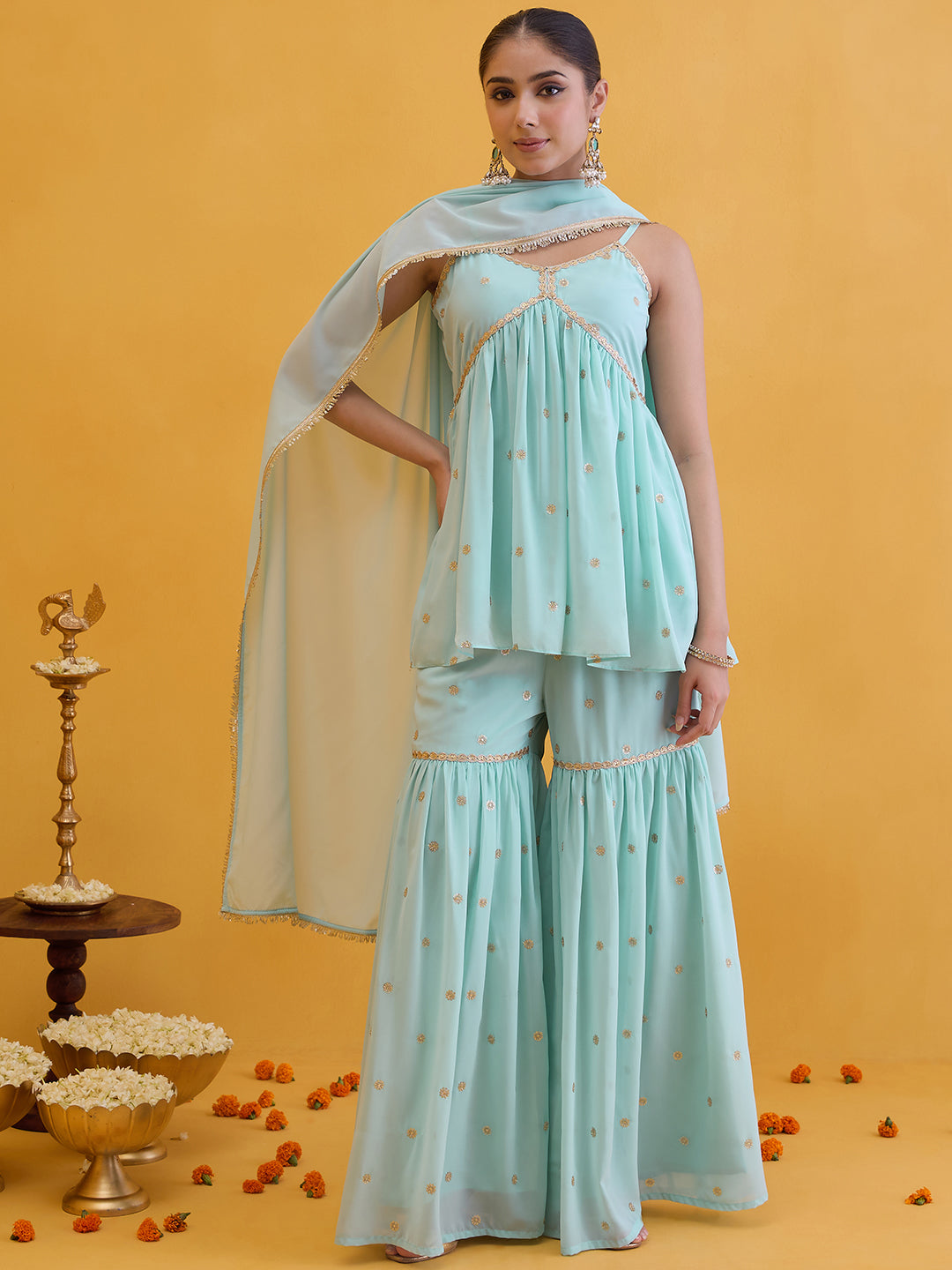 Janasya Women's Aqua Blue Georgette Embellished A-Line Kurta with Sharara and Dupatta Set