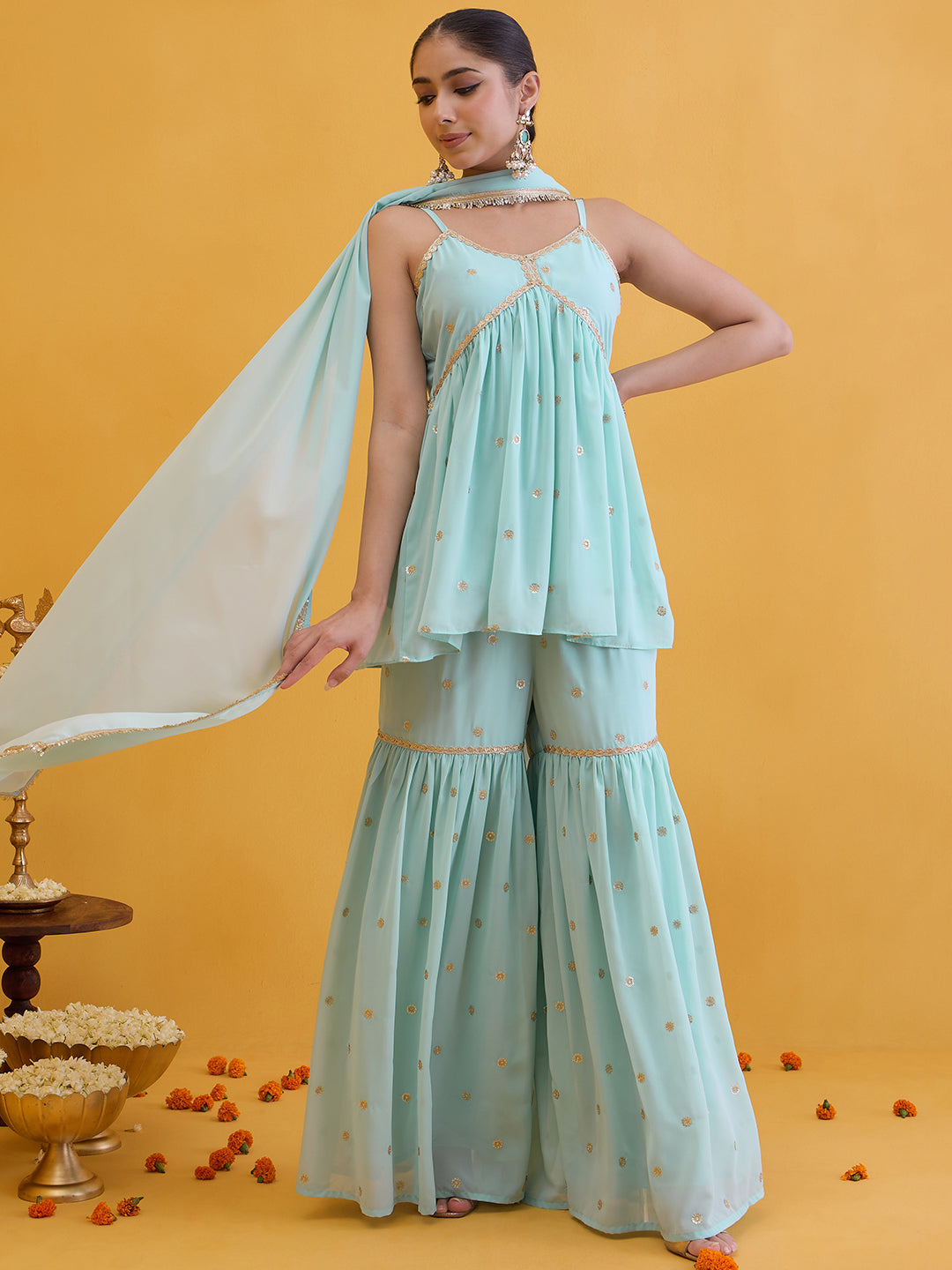 Janasya Women's Aqua Blue Georgette Embellished A-Line Kurta with Sharara and Dupatta Set