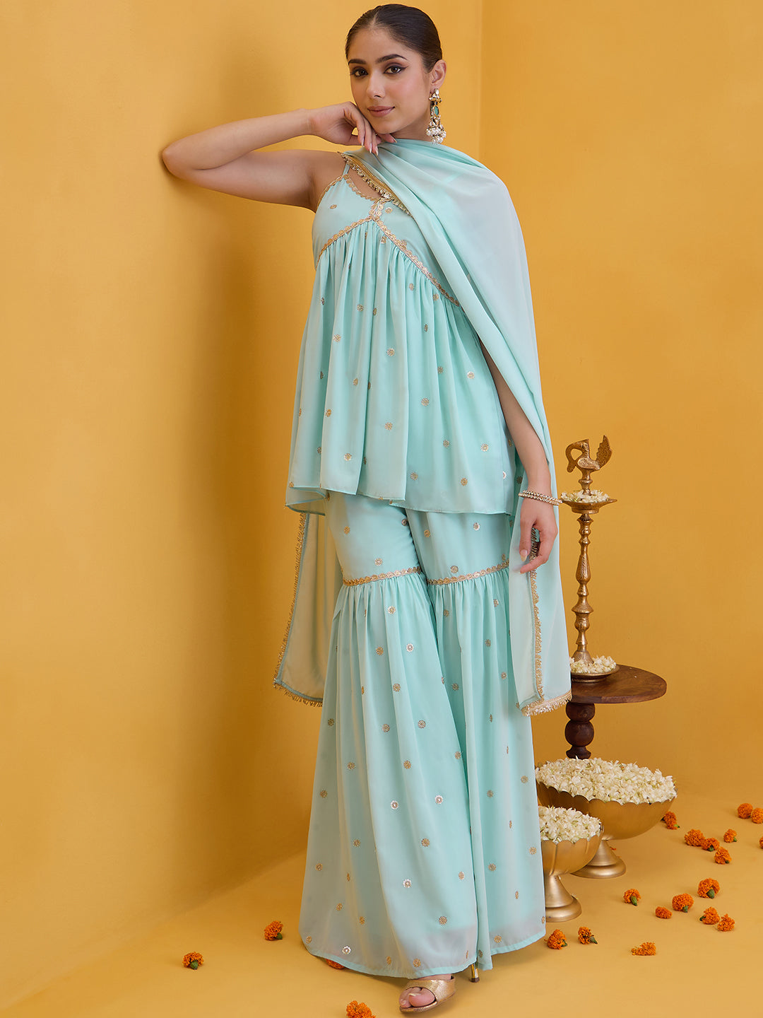 Janasya Women's Aqua Blue Georgette Embellished A-Line Kurta with Sharara and Dupatta Set
