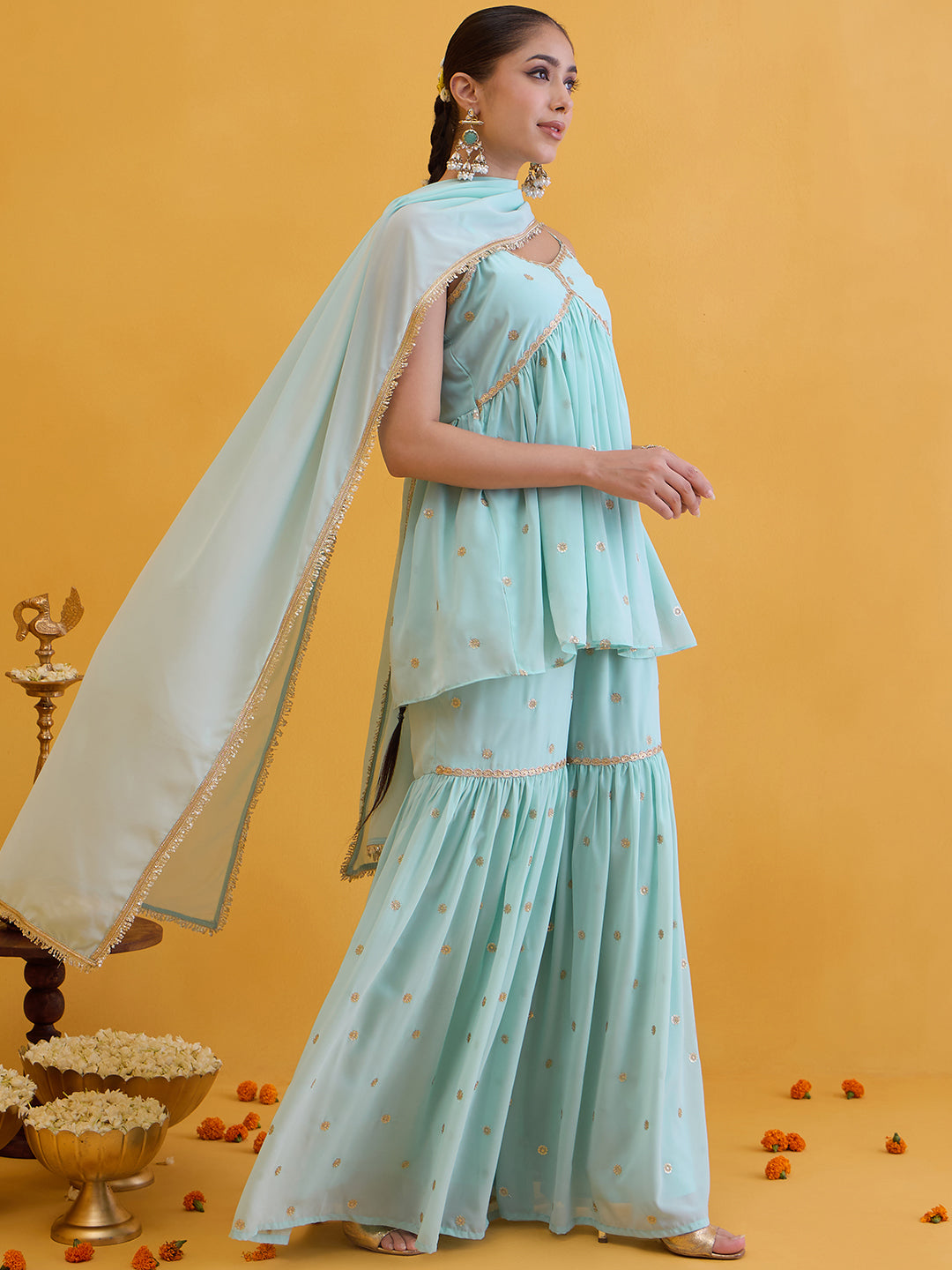 Janasya Women's Aqua Blue Georgette Embellished A-Line Kurta with Sharara and Dupatta Set