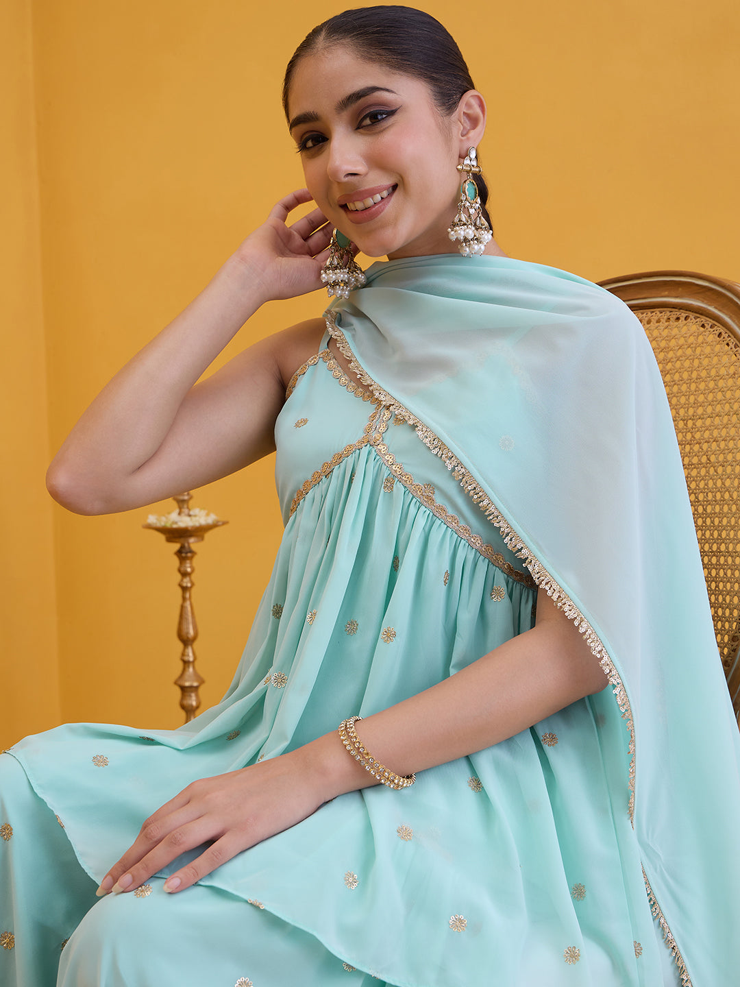 Janasya Women's Aqua Blue Georgette Embellished A-Line Kurta with Sharara and Dupatta Set