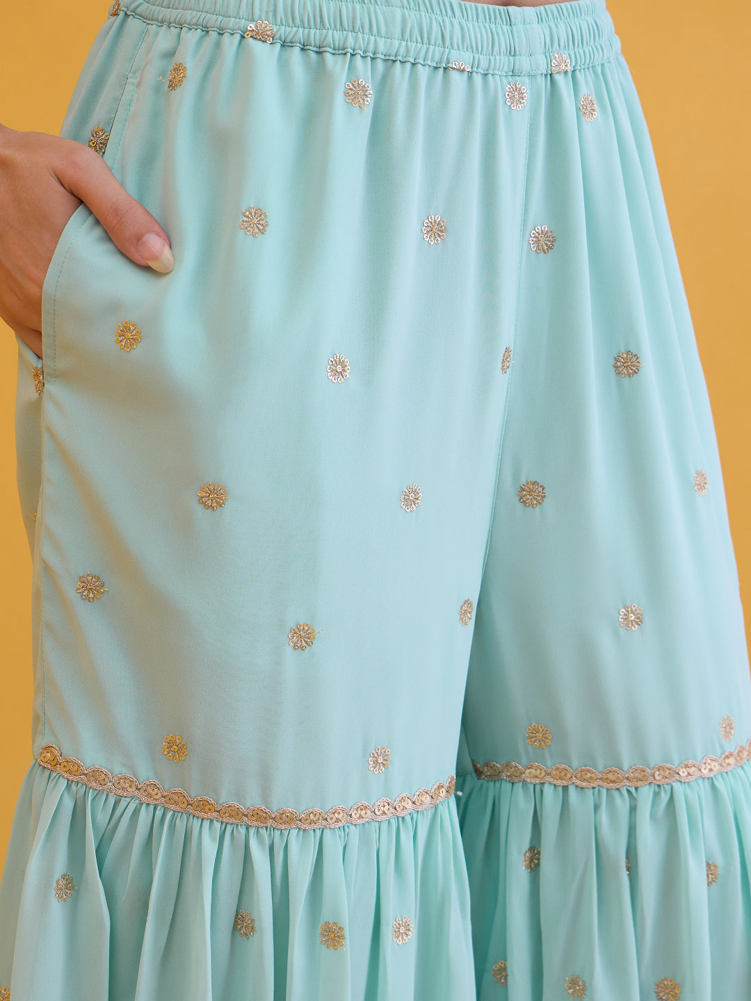 Janasya Women's Aqua Blue Georgette Embellished A-Line Kurta with Sharara and Dupatta Set