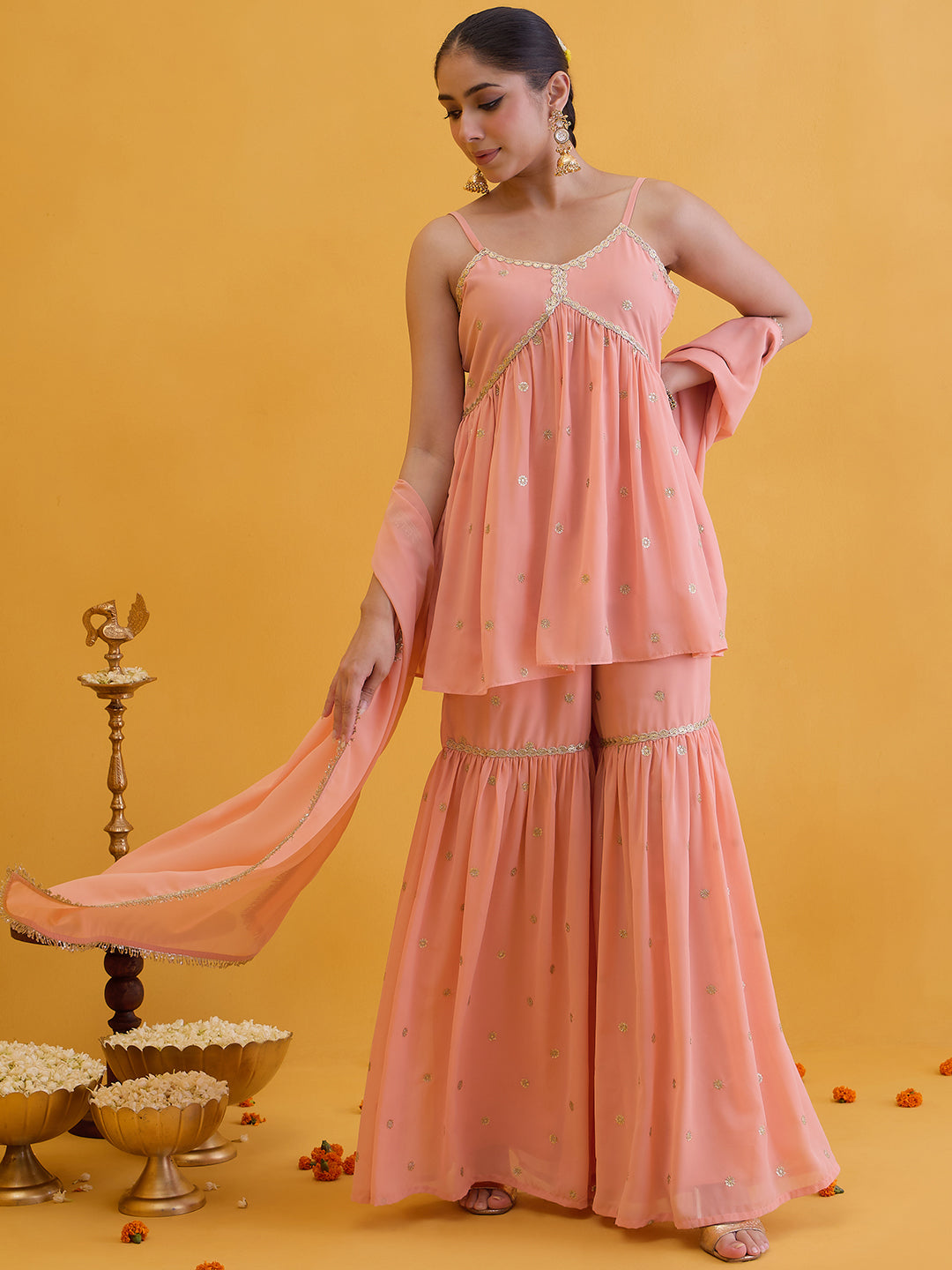 Janasya Women's Peach Georgette Floral Embroidered A-Line Kurta with Sharara and Dupatta Set