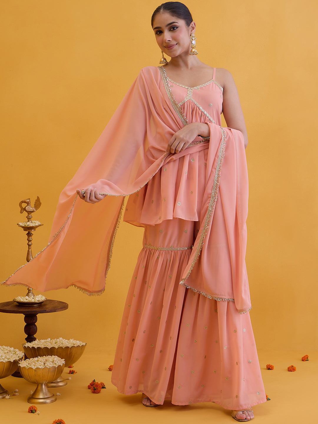 Janasya Women's Peach Georgette Floral Embroidered A-Line Kurta with Sharara and Dupatta Set