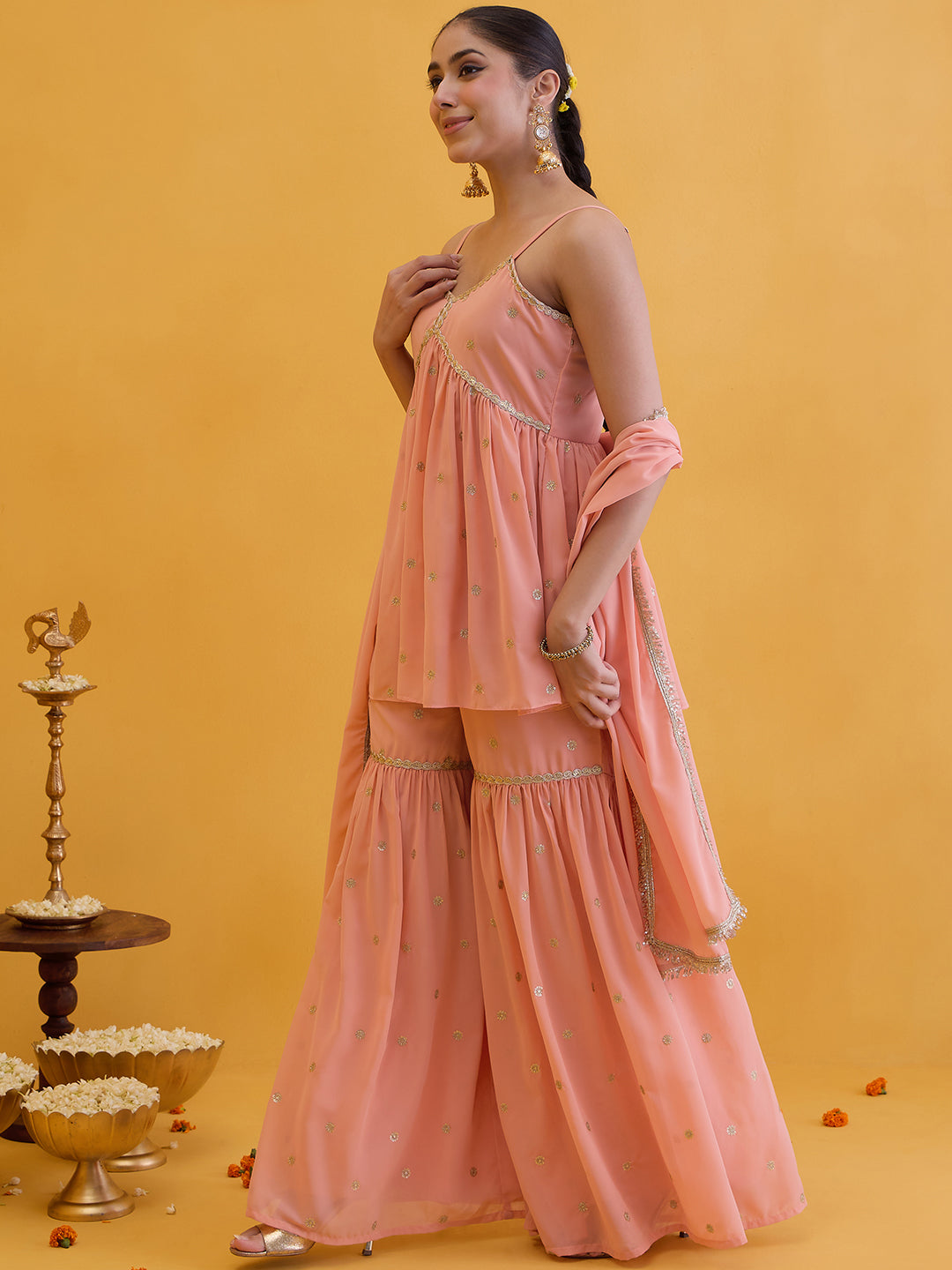 Janasya Women's Peach Georgette Floral Embroidered A-Line Kurta with Sharara and Dupatta Set