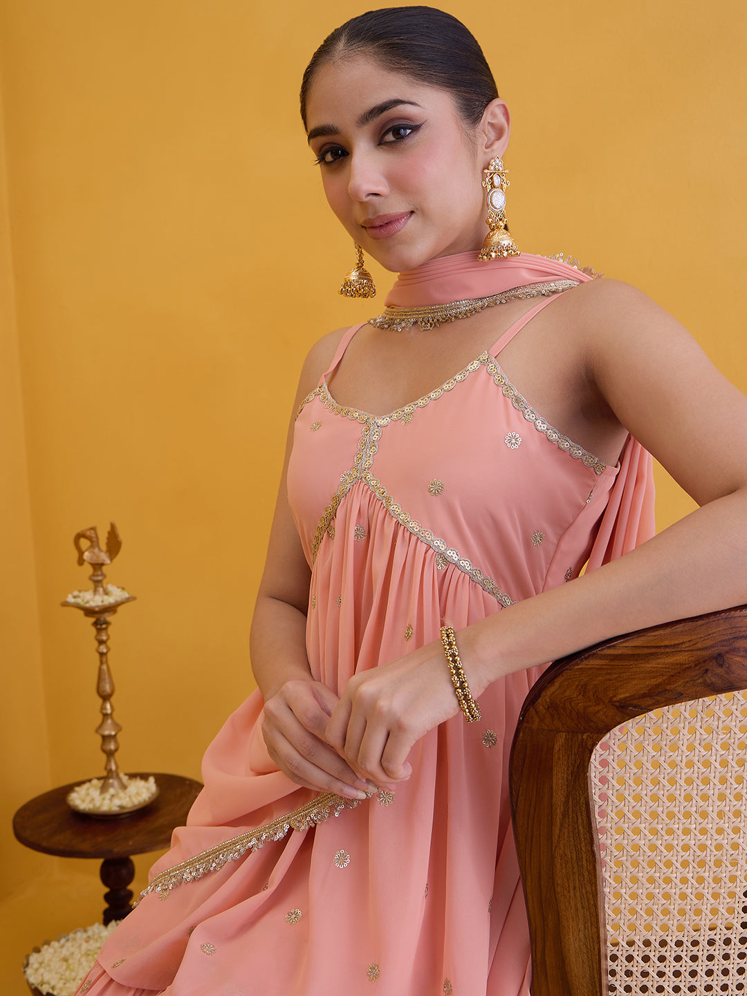 Janasya Women's Peach Georgette Floral Embroidered A-Line Kurta with Sharara and Dupatta Set