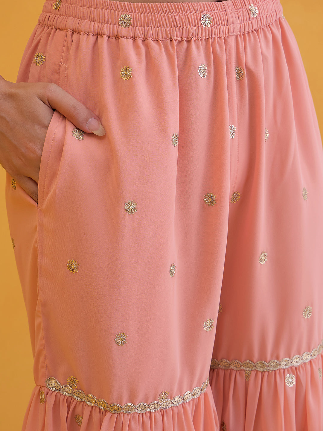 Janasya Women's Peach Georgette Floral Embroidered A-Line Kurta with Sharara and Dupatta Set