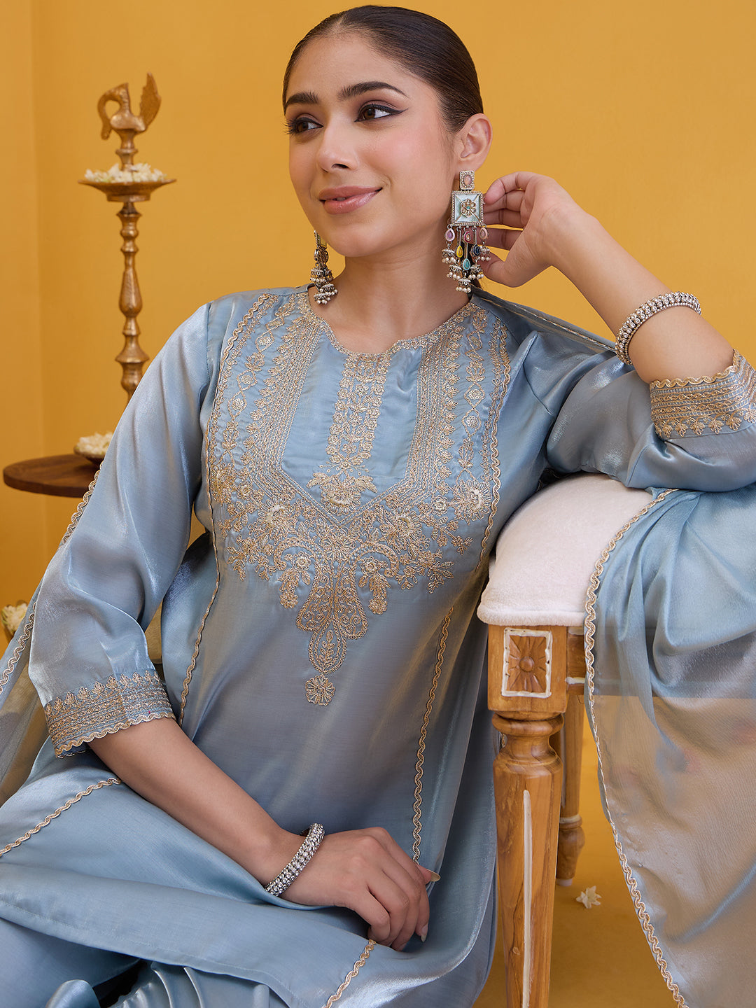 Janasya Women's Sky Blue Silk Blend Zari Embroidered A-Line Kurta Set