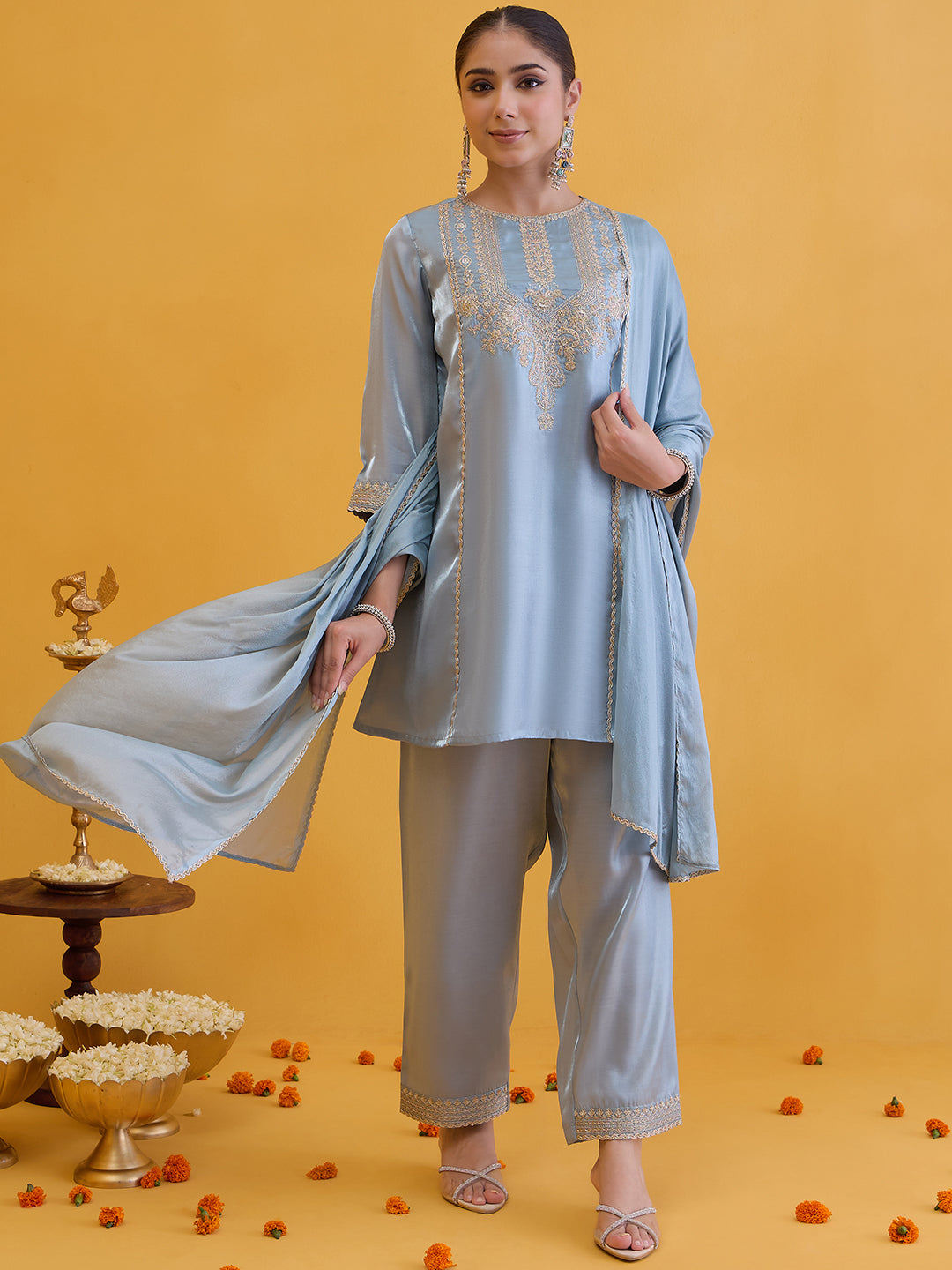 Janasya Women's Sky Blue Silk Blend Zari Embroidered A-Line Kurta Set