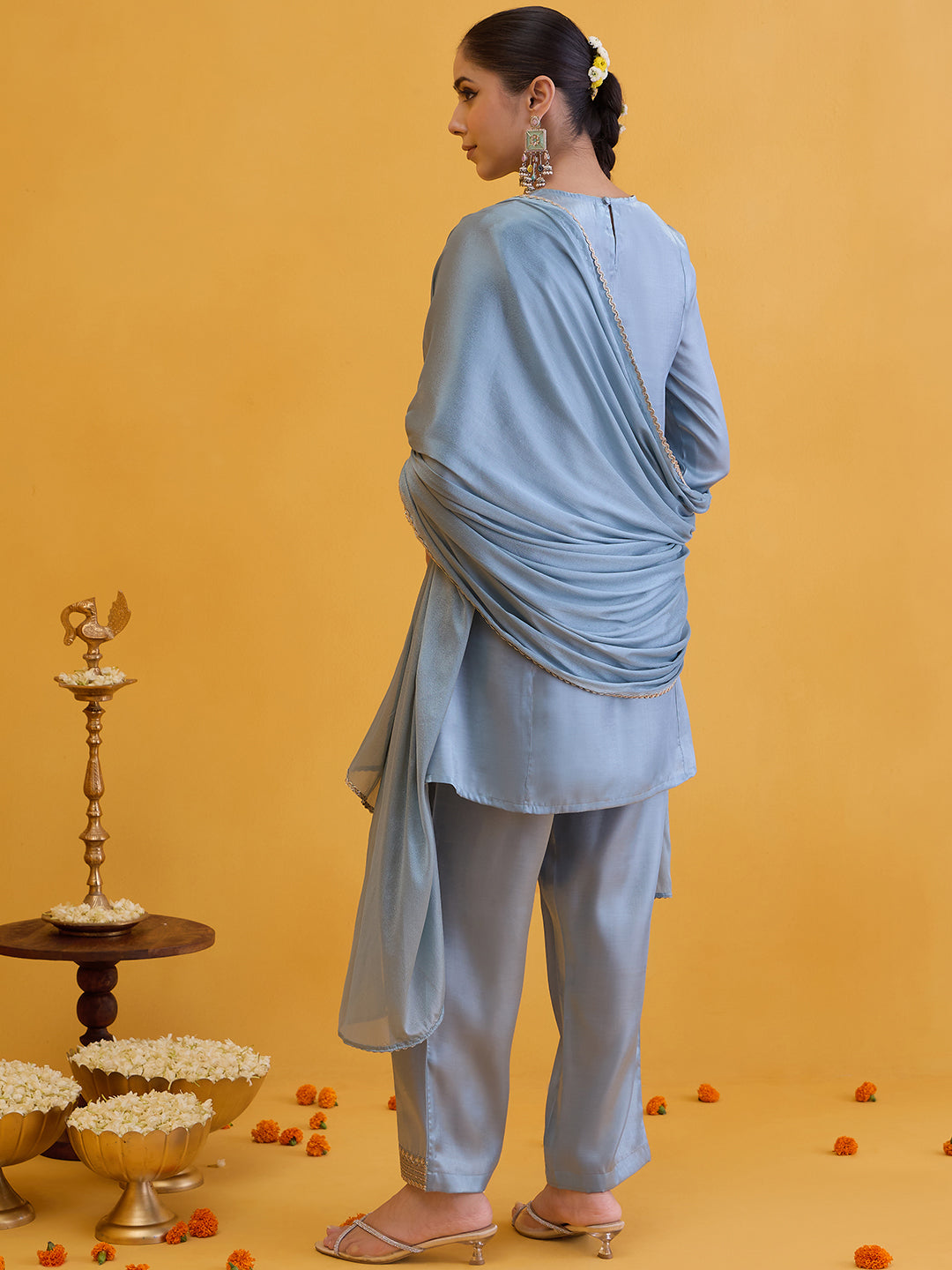 Janasya Women's Sky Blue Silk Blend Zari Embroidered A-Line Kurta Set